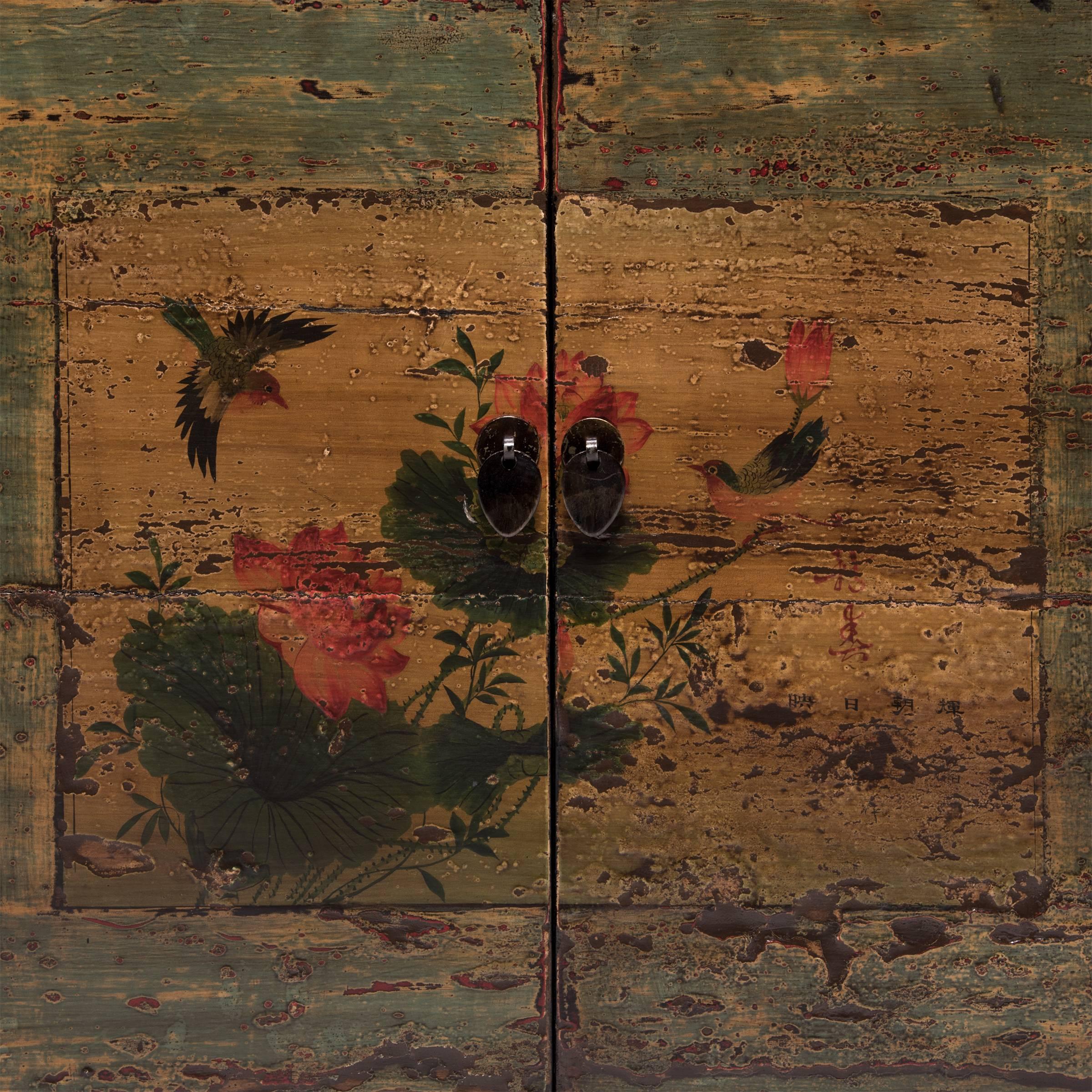 Mongolian Lotus and Sparrow Two-Door Painted Chest 2