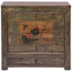 Antique Mongolian Lotus and Sparrow Two-Door Painted Chest