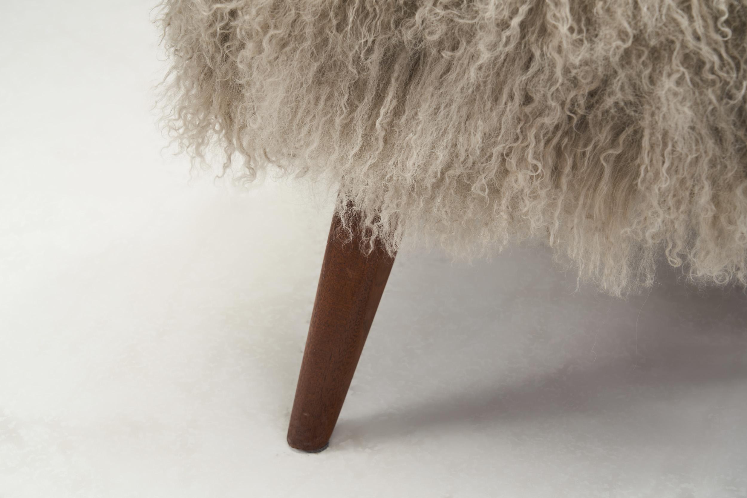 Mongolian Shearling Easy Chair with Tapered Wood Legs, Europe ca 1950s For Sale 3