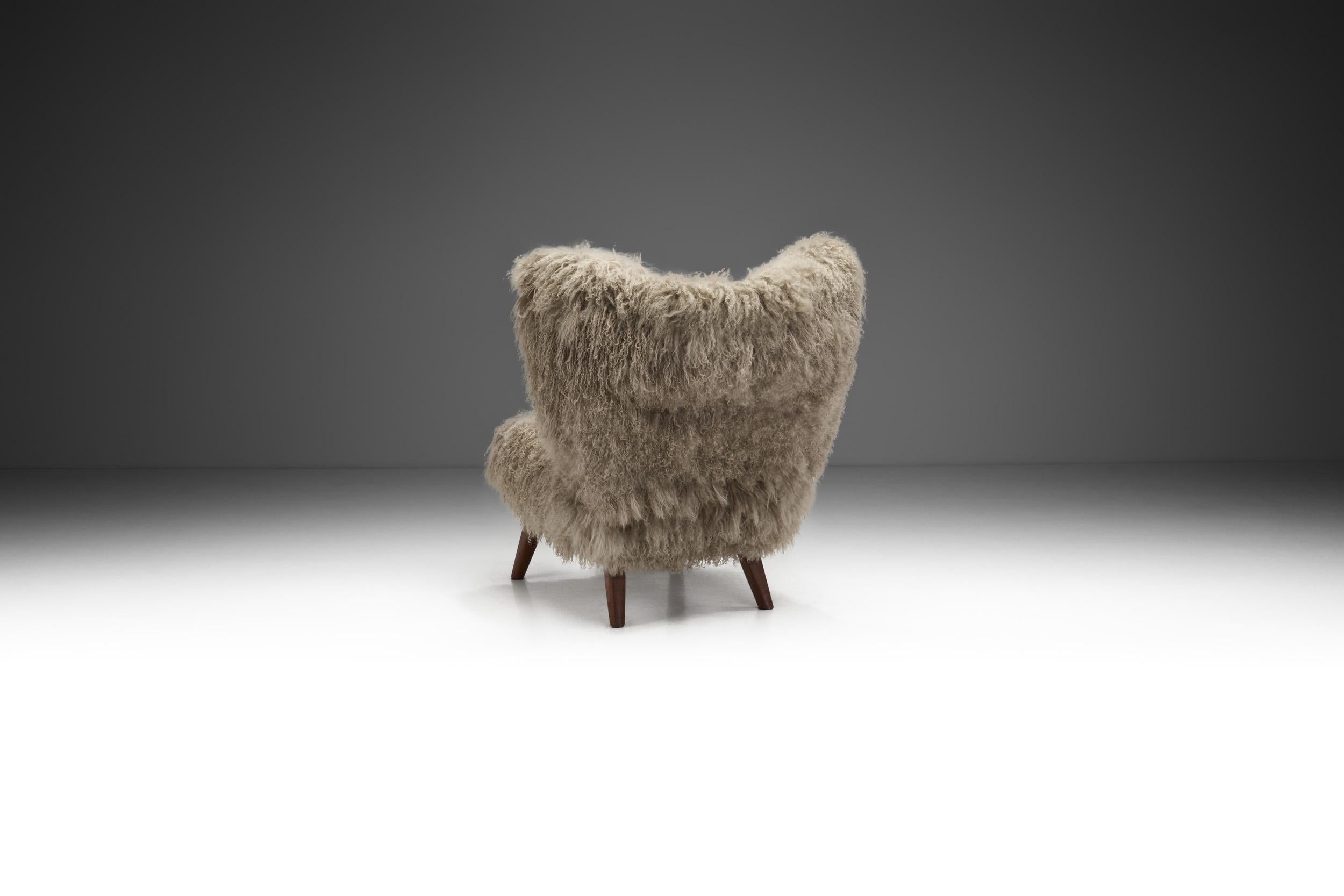Mid-Century Modern Mongolian Shearling Easy Chair with Tapered Wood Legs, Europe ca 1950s For Sale