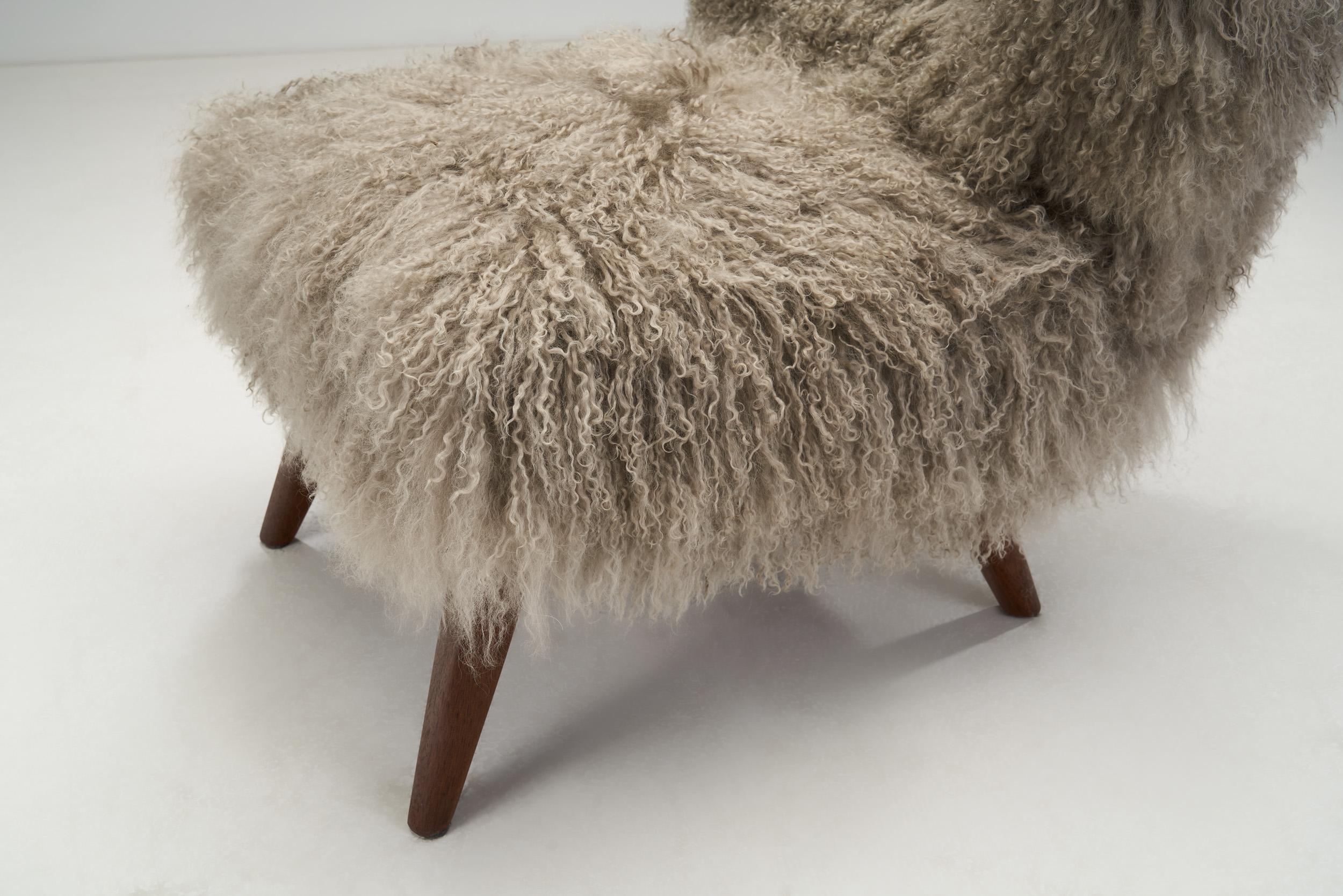 Fabric Mongolian Shearling Easy Chair with Tapered Wood Legs, Europe ca 1950s For Sale