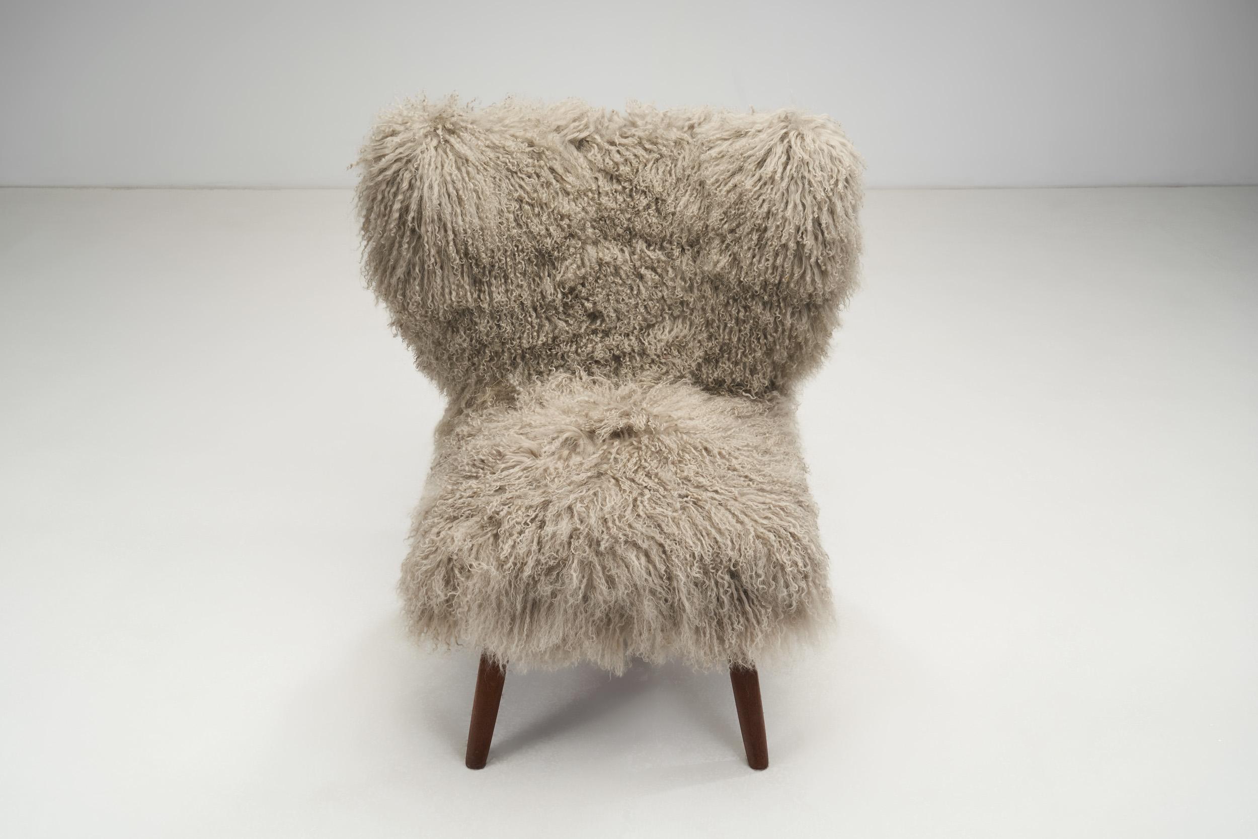 Mongolian Shearling Easy Chair with Tapered Wood Legs, Europe ca 1950s For Sale 1