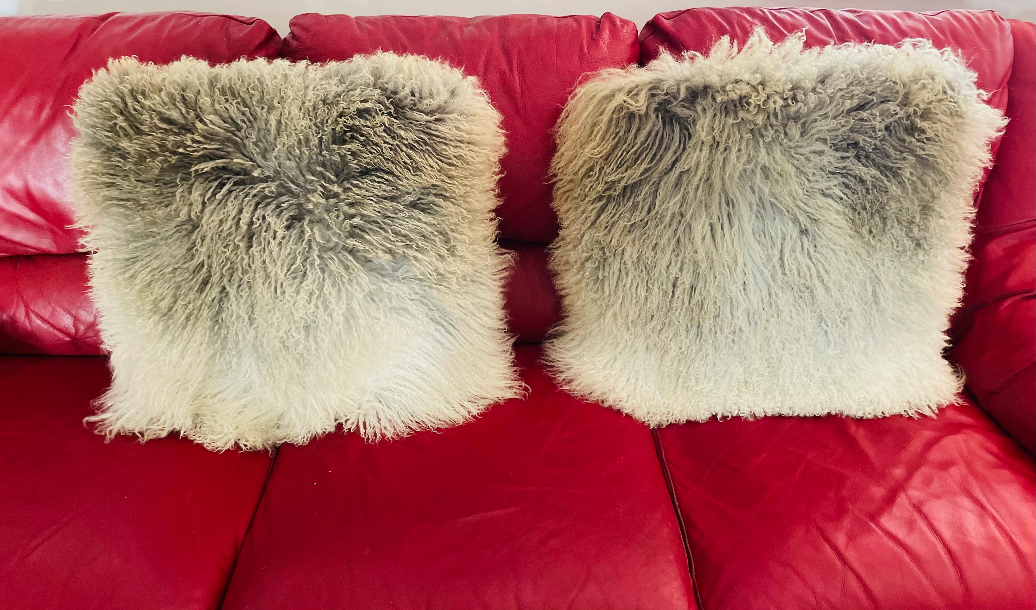American Organic Modern Mongolian Lambs Wool Pair Pillows Shades of Gray For Sale