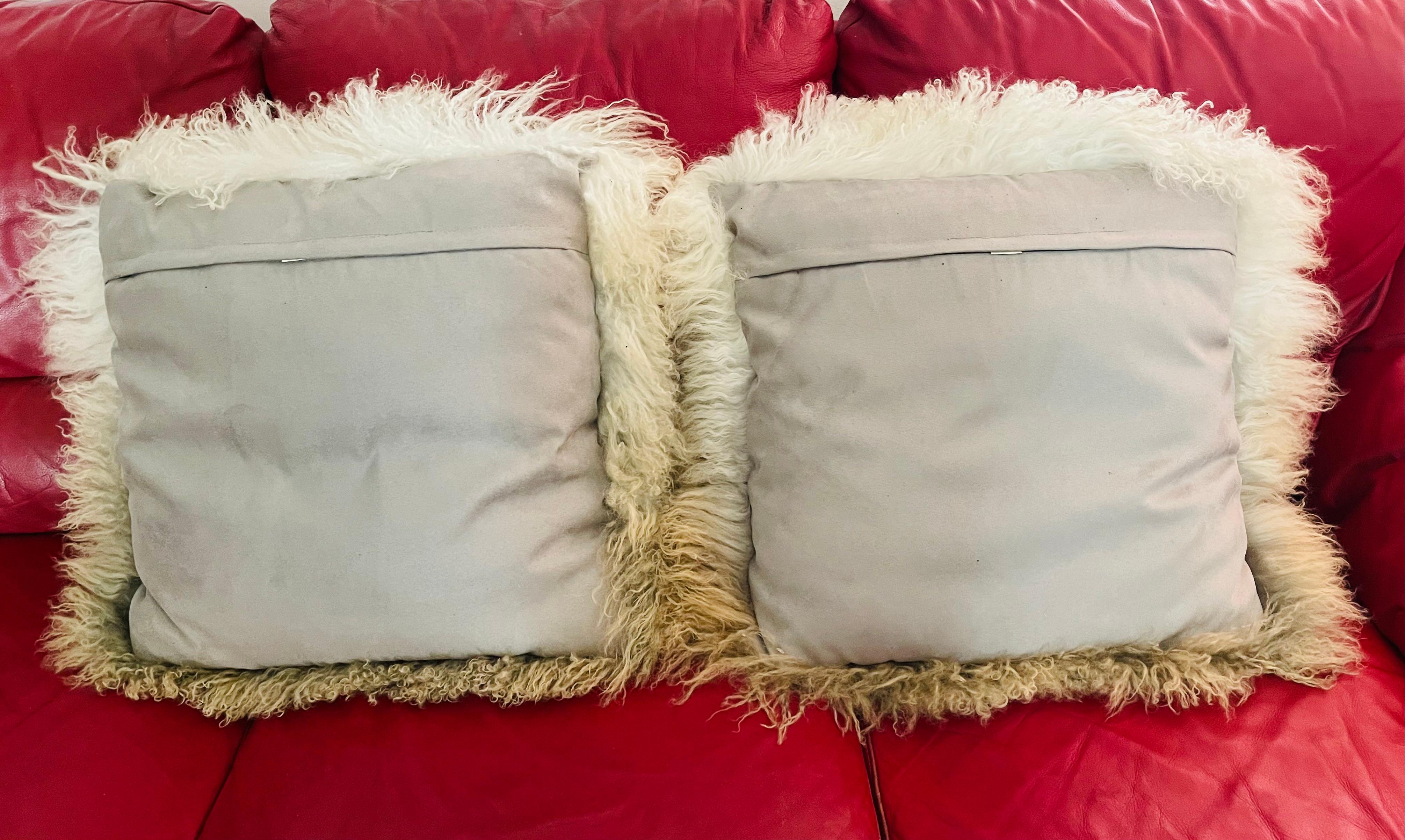 Organic Modern Mongolian Lambs Wool Pair Pillows Shades of Gray For Sale 2