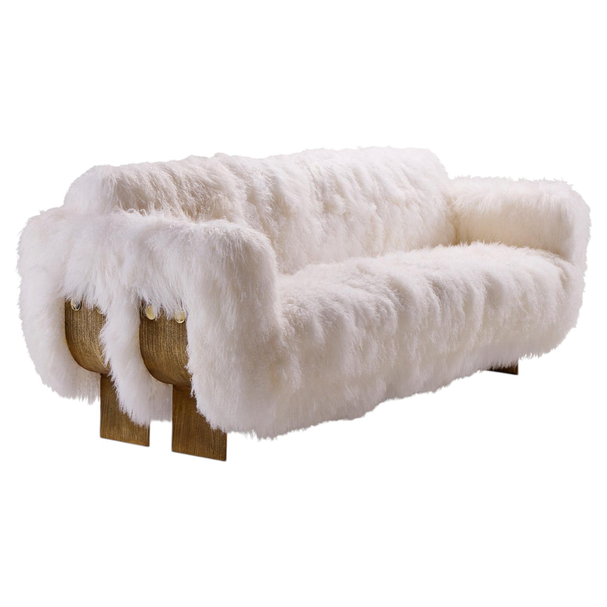 Brutalist Sculptural Shearling Sofa with Bronze and Brass Details, Egg Designs