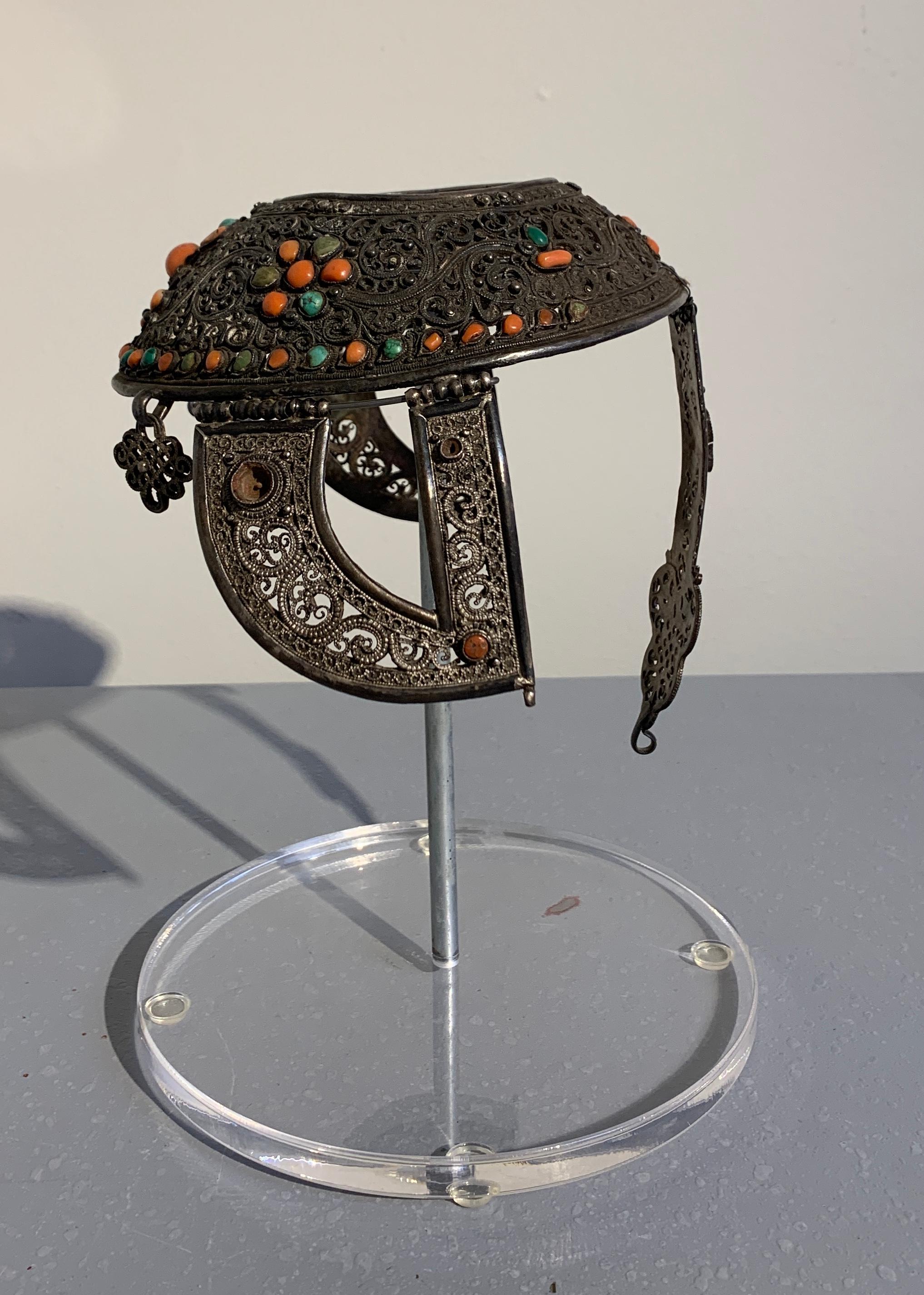 Tribal Mongolian Silver Crown Headdress with Inlaid Coral and Turquoise, 19th Century