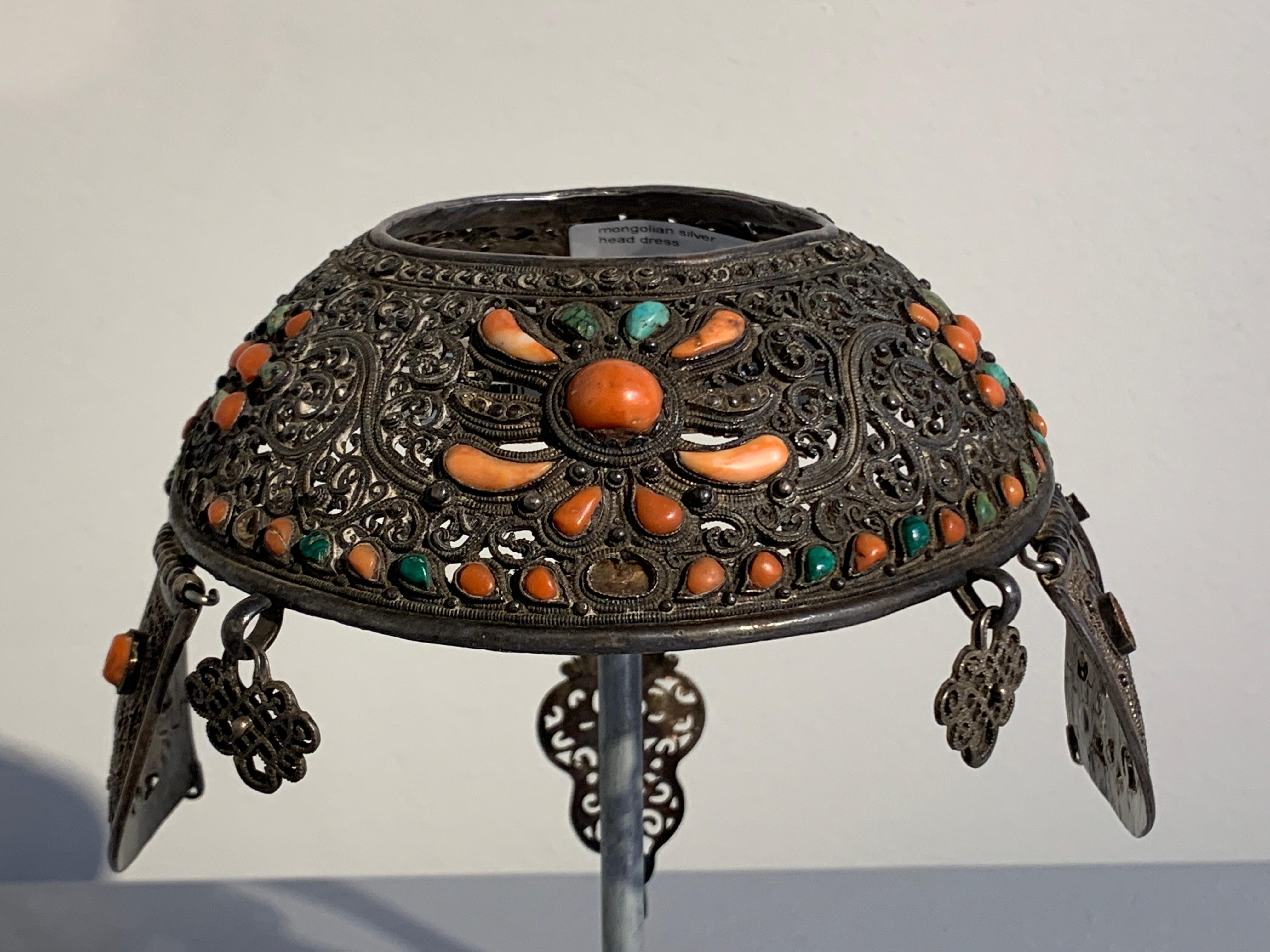 Mongolian Silver Crown Headdress with Inlaid Coral and Turquoise, 19th Century In Fair Condition In Austin, TX