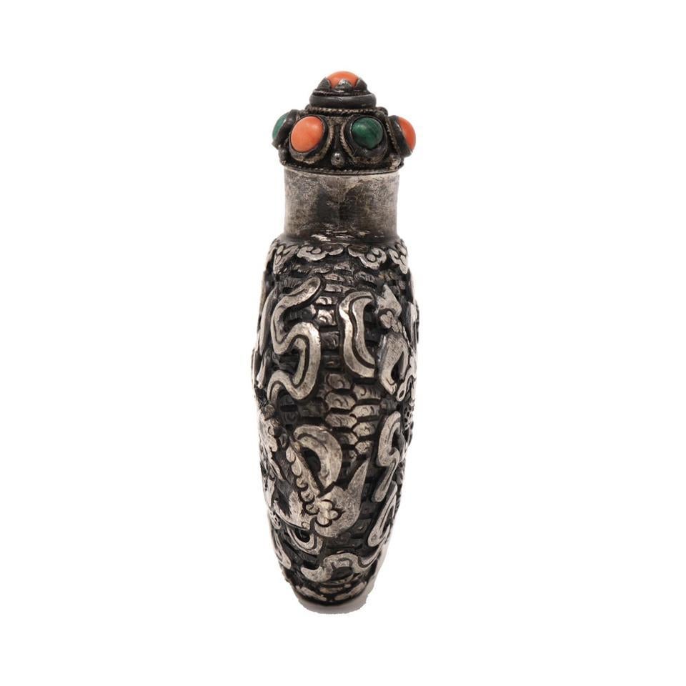 Mongolian Style Silver Repoussé Snuff Bottle, Qing Dynasty In Good Condition In New York, NY