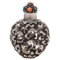 Mongolian Style Silver Repoussé Snuff Bottle, Qing Dynasty