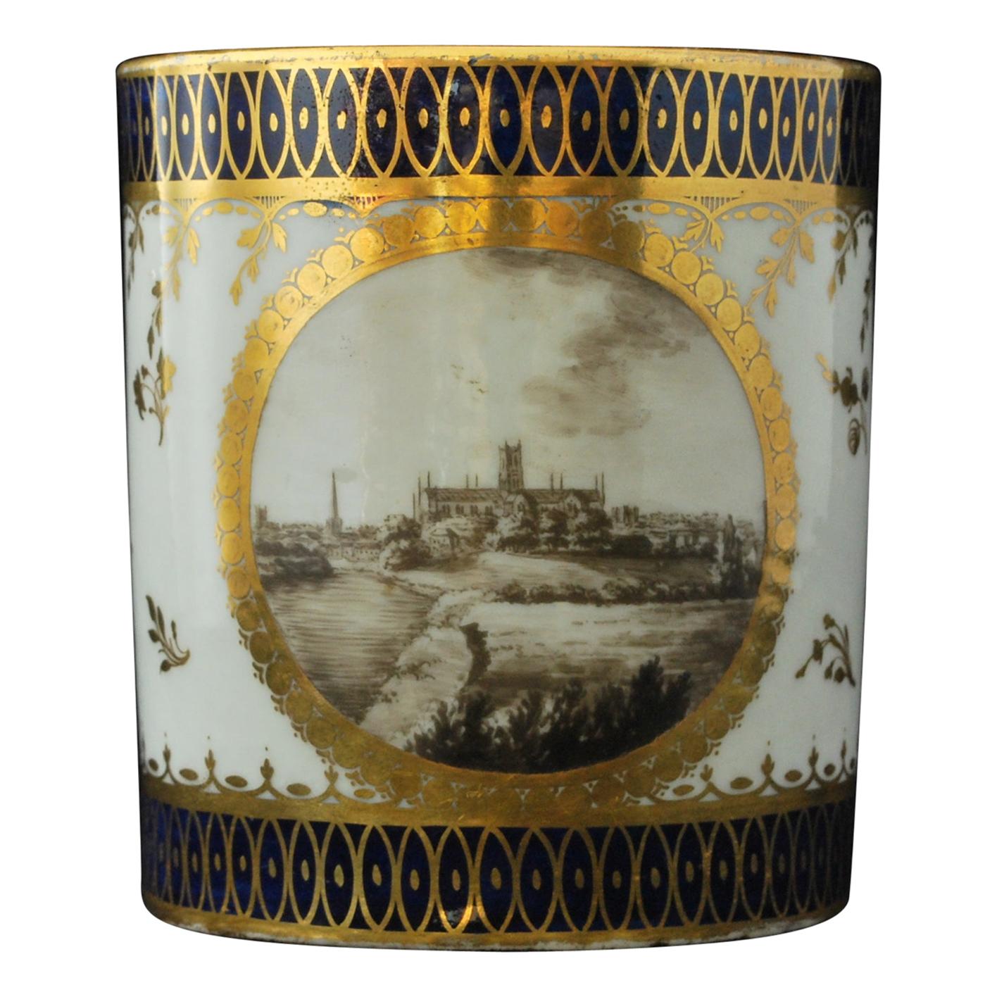 Mongrammierte RR-Kaffeekanne mit Landschaftsmotiv:: Chamberlain Worcester:: um 1810