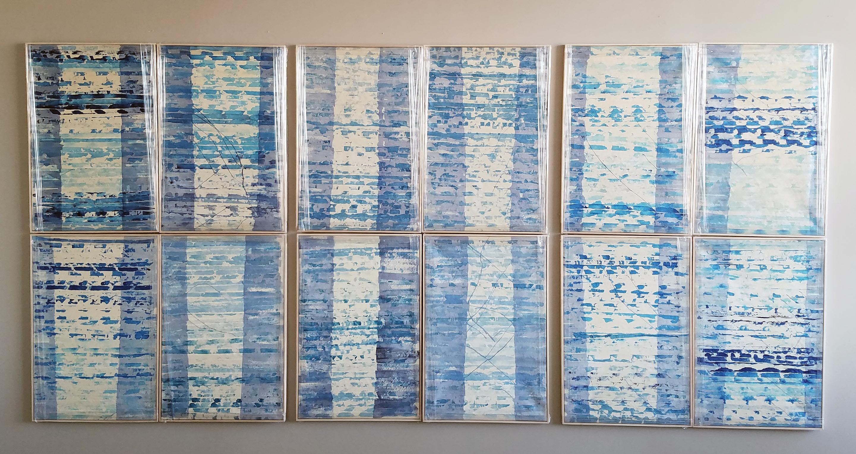 Set von 12 zeitgenössischen gerahmten abstrakten Gemälden in Blau und Weiß aus der Museumssammlung (Abstrakter Expressionismus), Painting, von Monica Angle