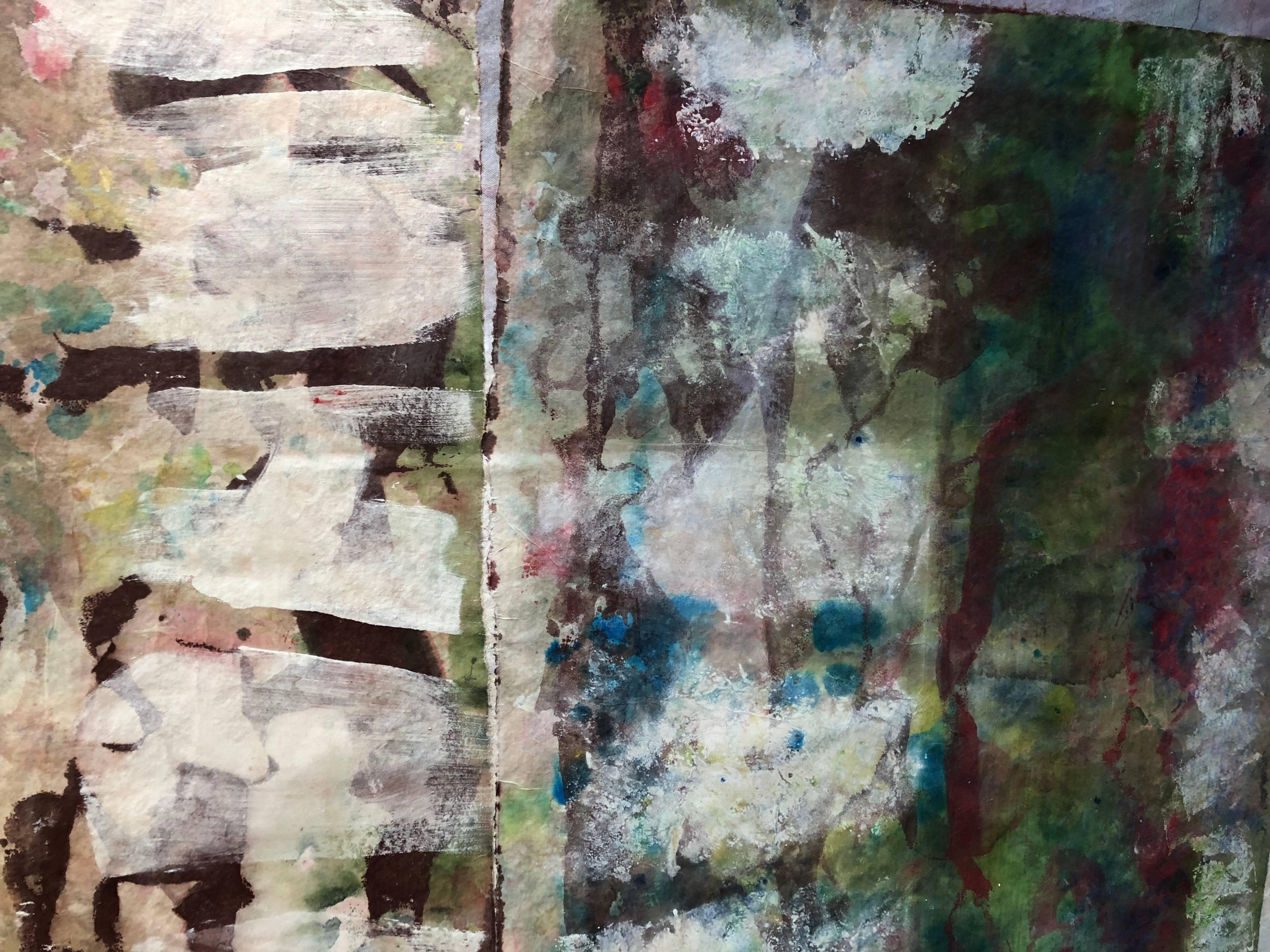 An original mixed media monotype painting and collage on canvas by American contemporary artist Monica Angle.