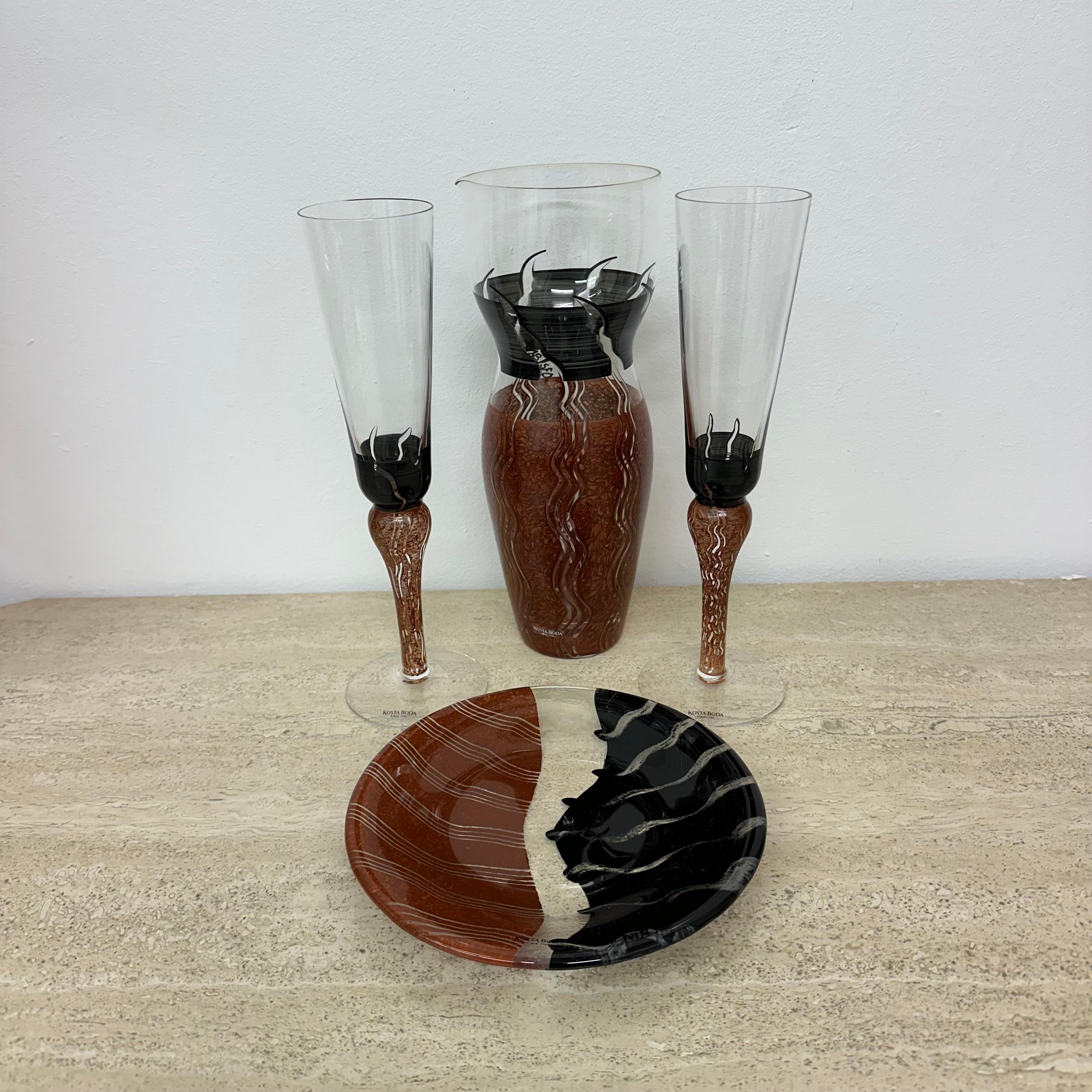 Monica Backström for Kosta Boda Tonga Glass pitcher vase glasses and plate 3