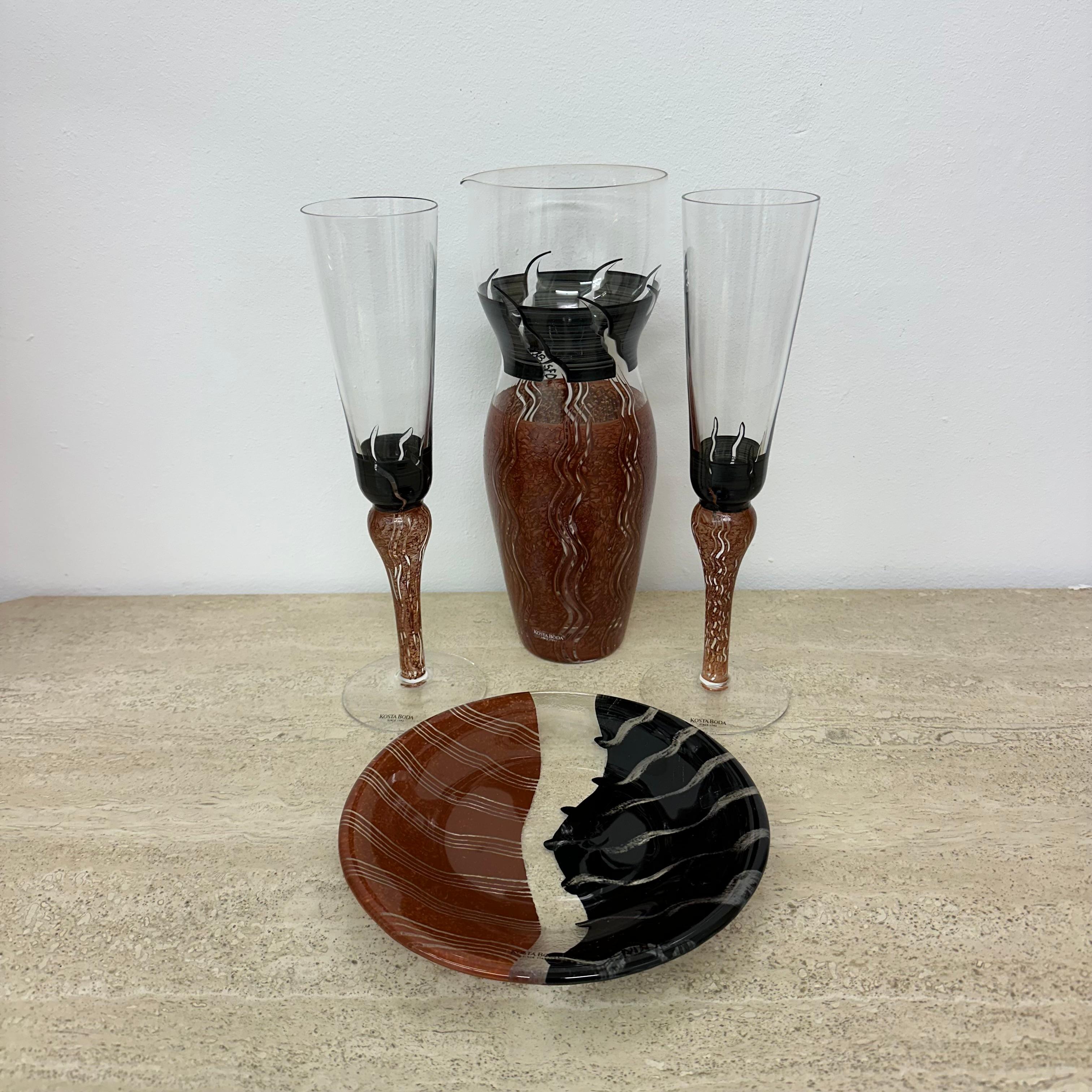 Monica Backström for Kosta Boda Tonga Glass pitcher vase glasses and plate 4