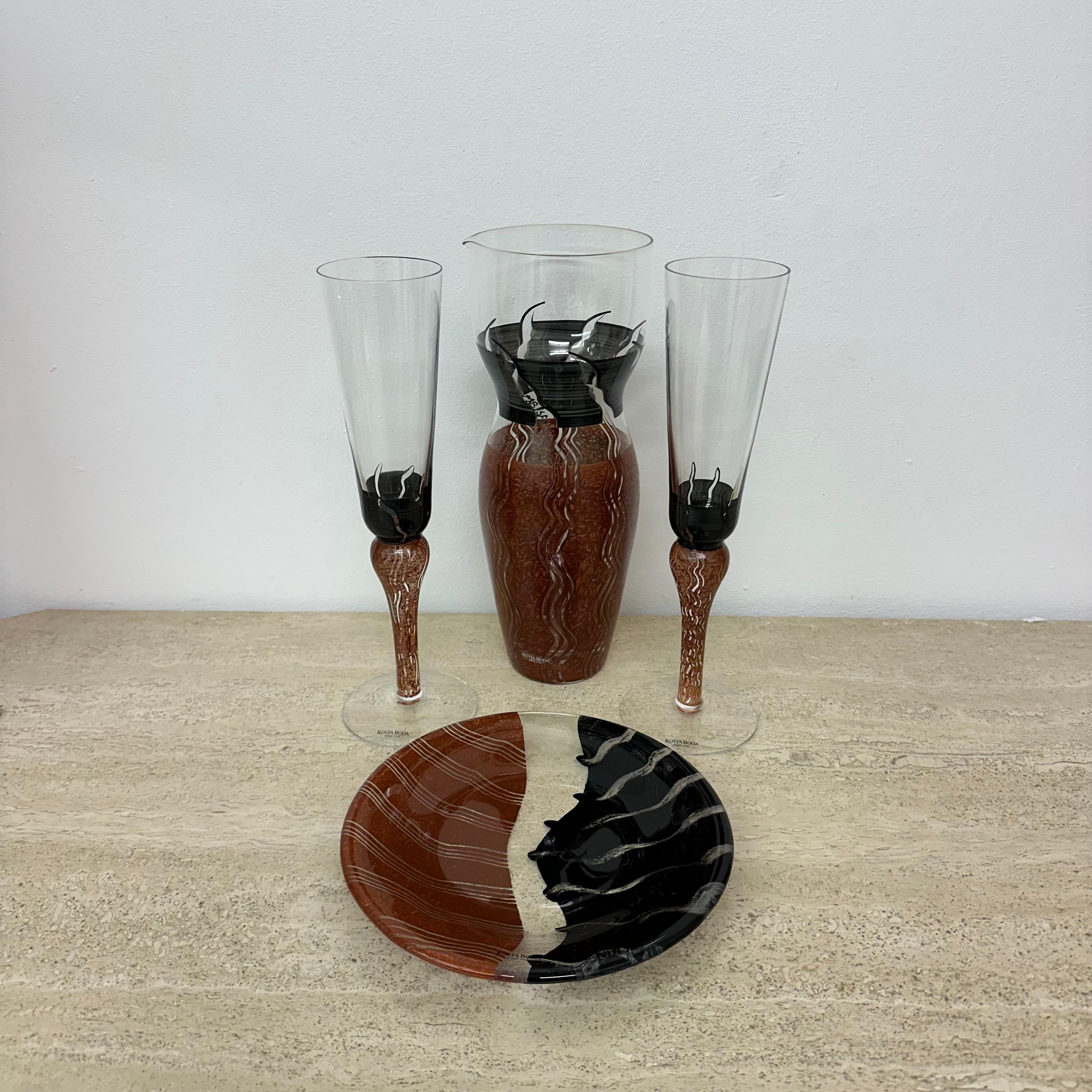Monica Backström for Kosta Boda Tonga Glass pitcher vase glasses and plate 5