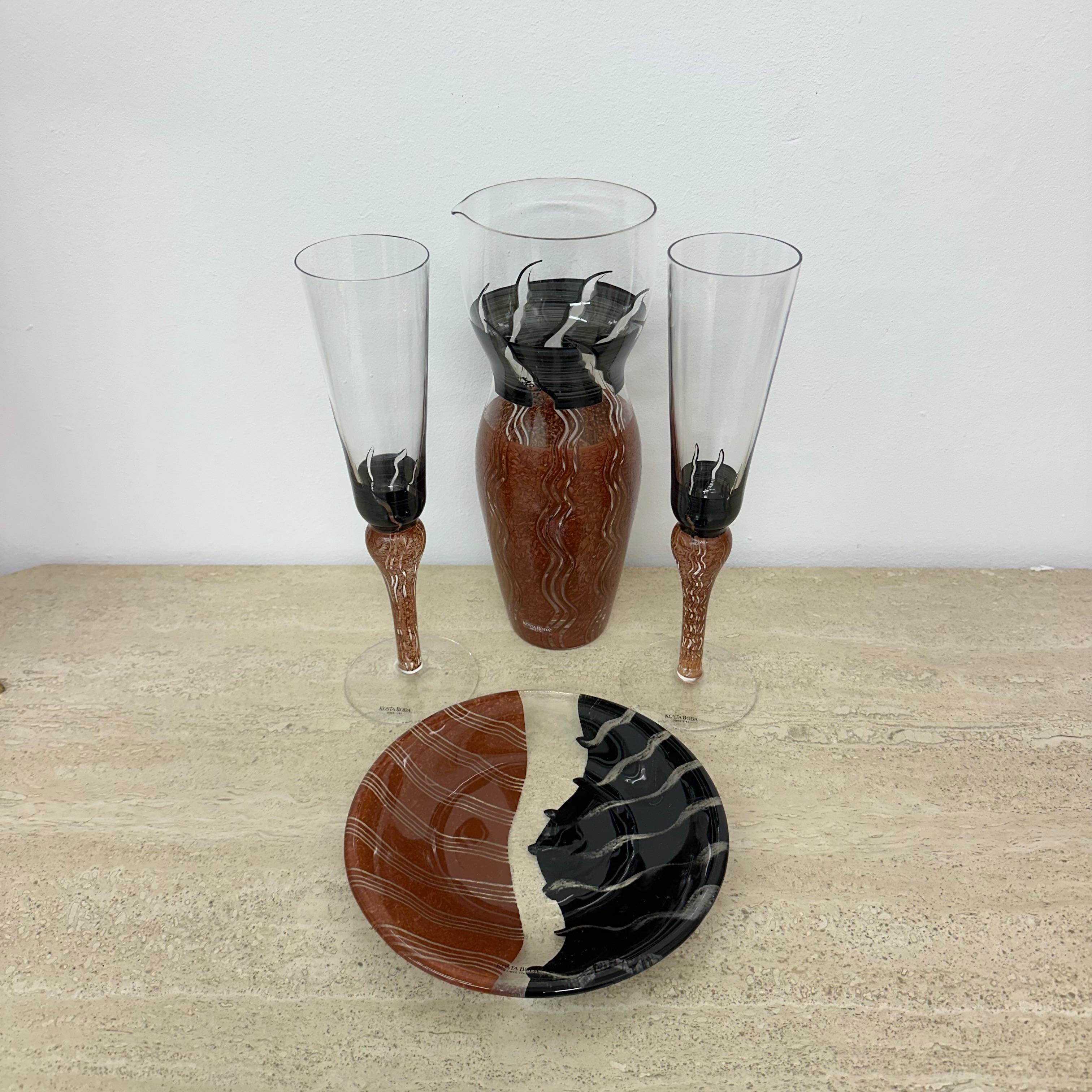 Monica Backström for Kosta Boda Tonga Glass pitcher vase glasses and plate 6