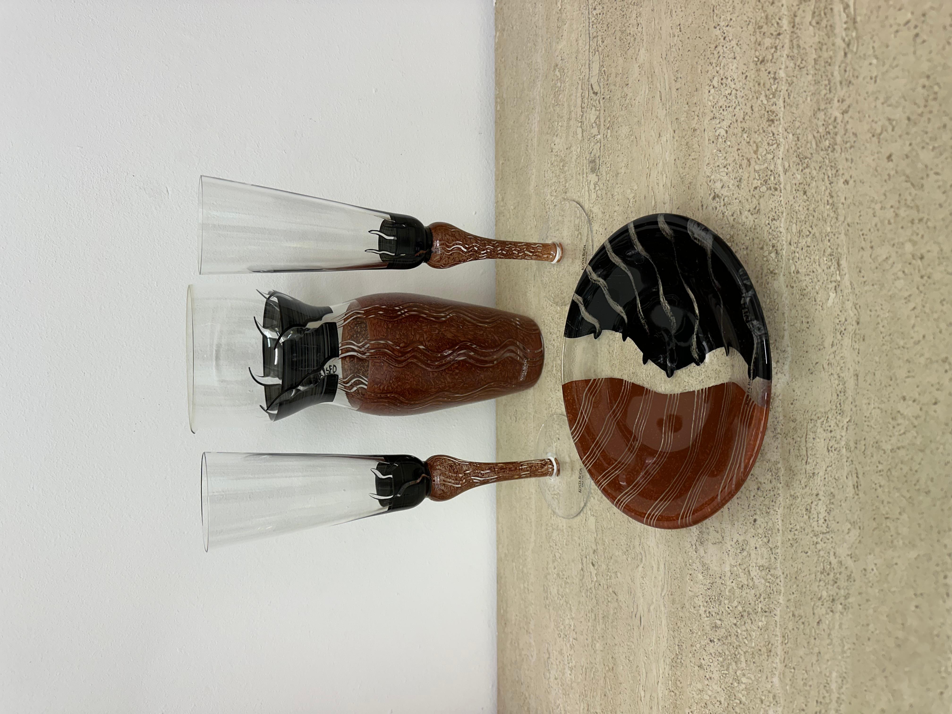 Monica Backström for Kosta Boda Tonga Glass pitcher vase glasses and plate 7