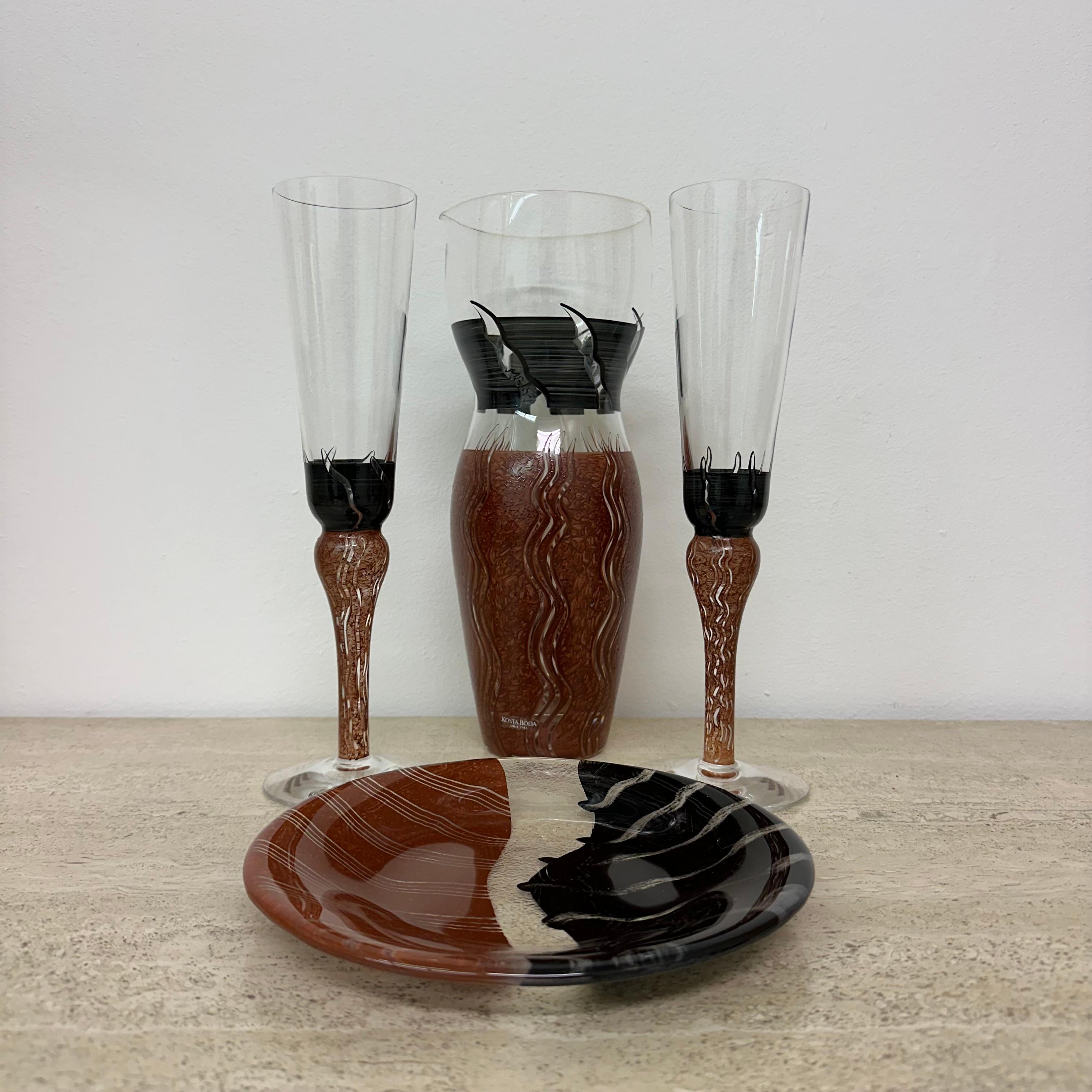 Monica Backström for Kosta Boda Tonga Glass pitcher vase glasses and plate 8