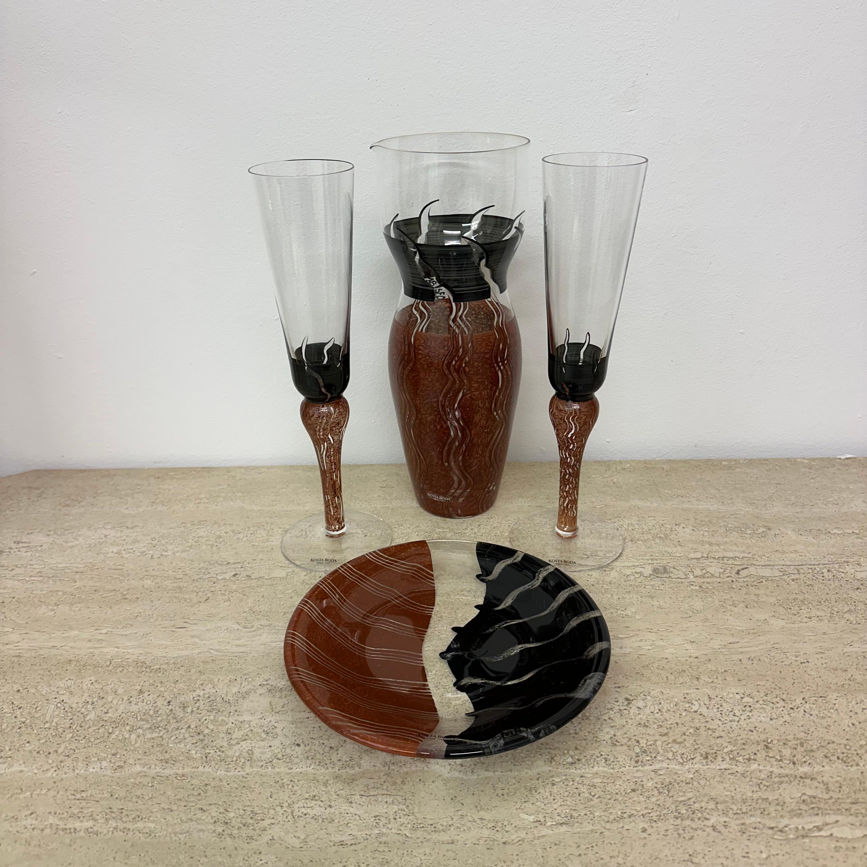 Monica Backström for Kosta Boda Tonga Glass pitcher vase glasses and plate 9