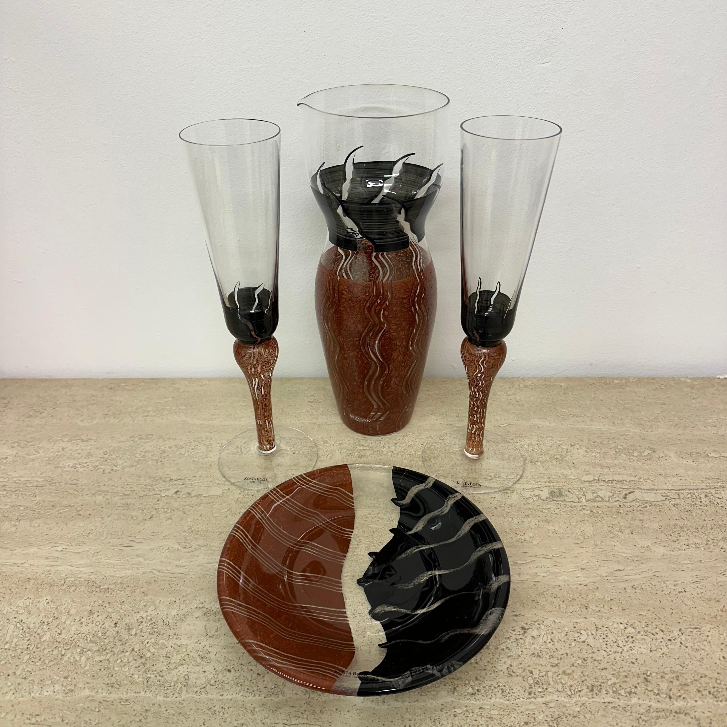 Monica Backström for Kosta Boda Tonga Glass pitcher vase glasses and plate 10