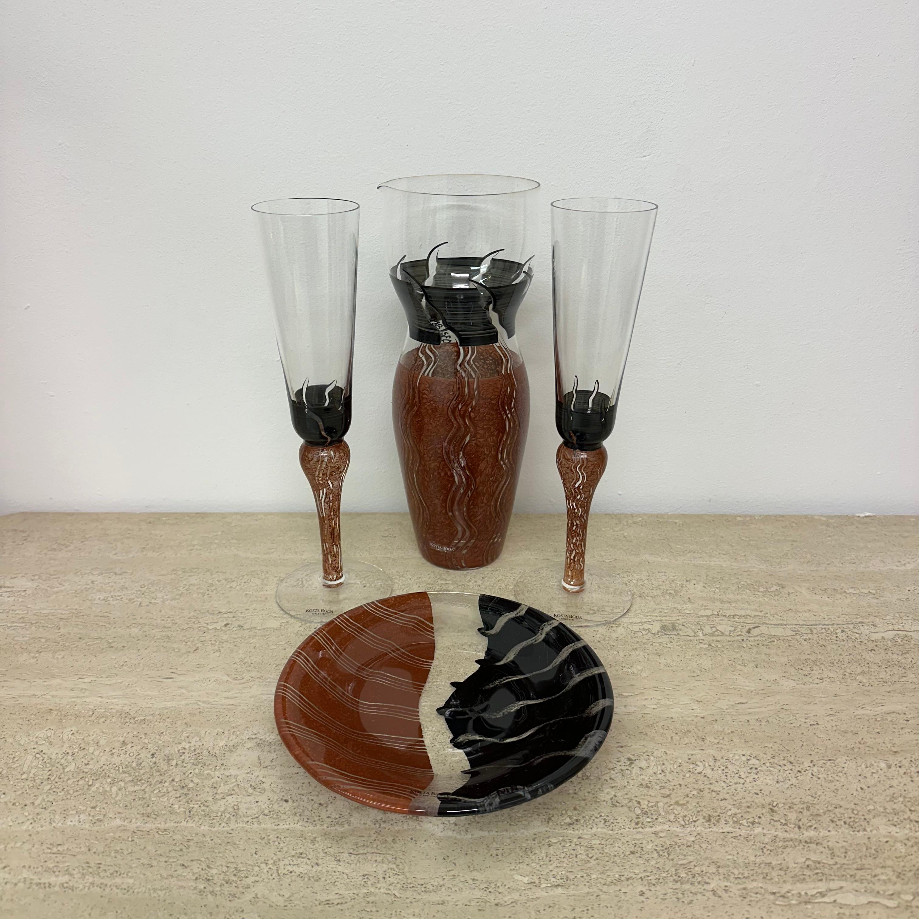 Monica Backström for Kosta Boda Tonga Glass pitcher vase glasses and plate 11