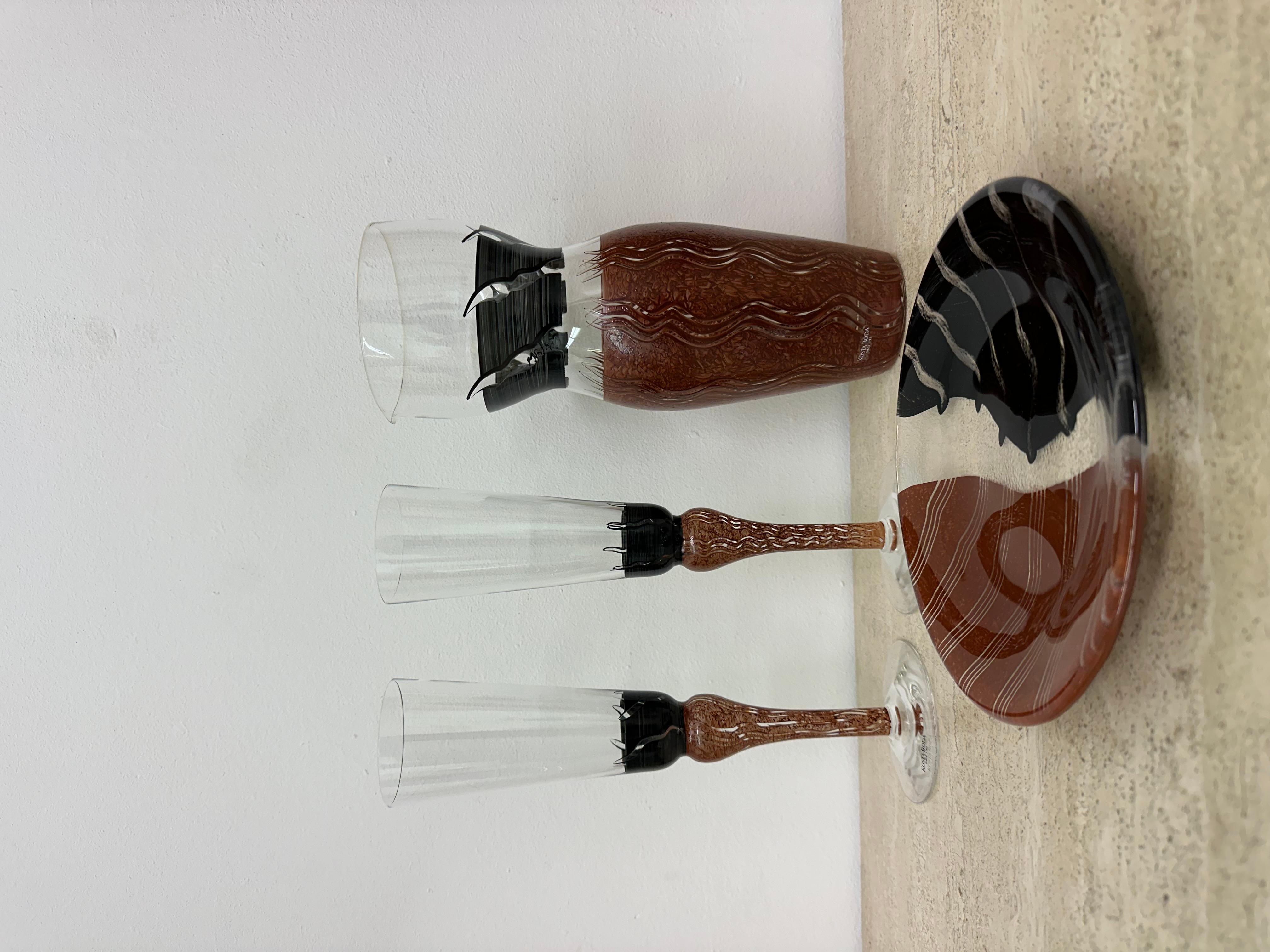 Monica Backström for Kosta Boda Tonga Glass pitcher vase glasses and plate 