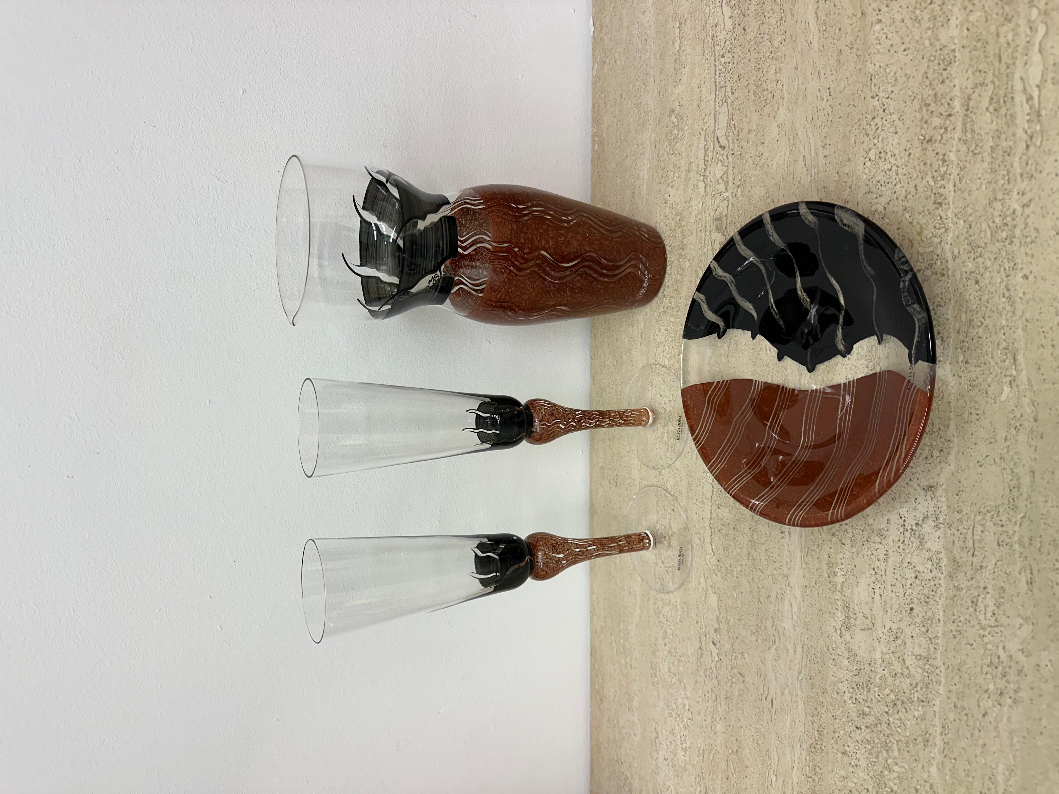 Mid-Century Modern Monica Backström for Kosta Boda Tonga Glass pitcher vase glasses and plate