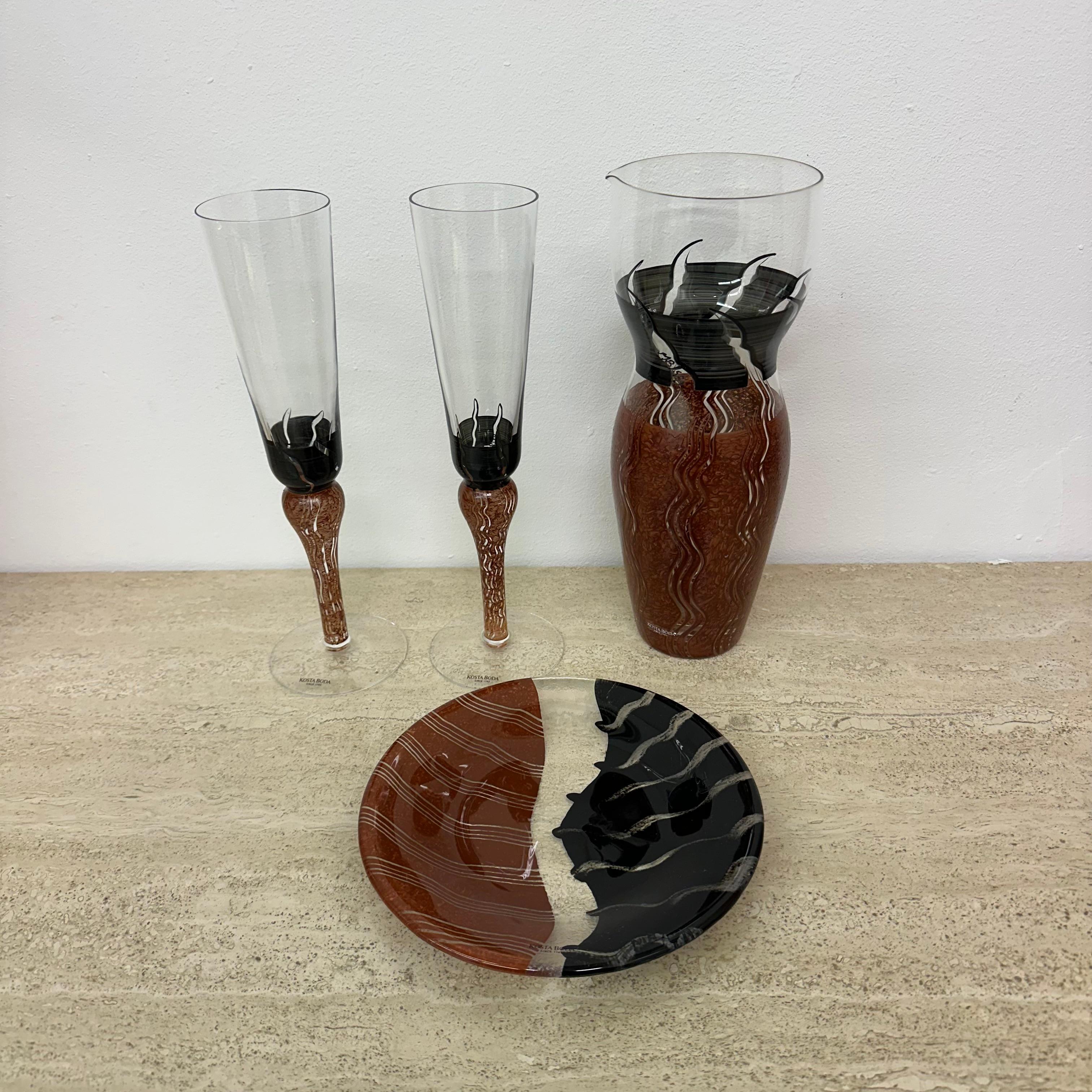 Swedish Monica Backström for Kosta Boda Tonga Glass pitcher vase glasses and plate
