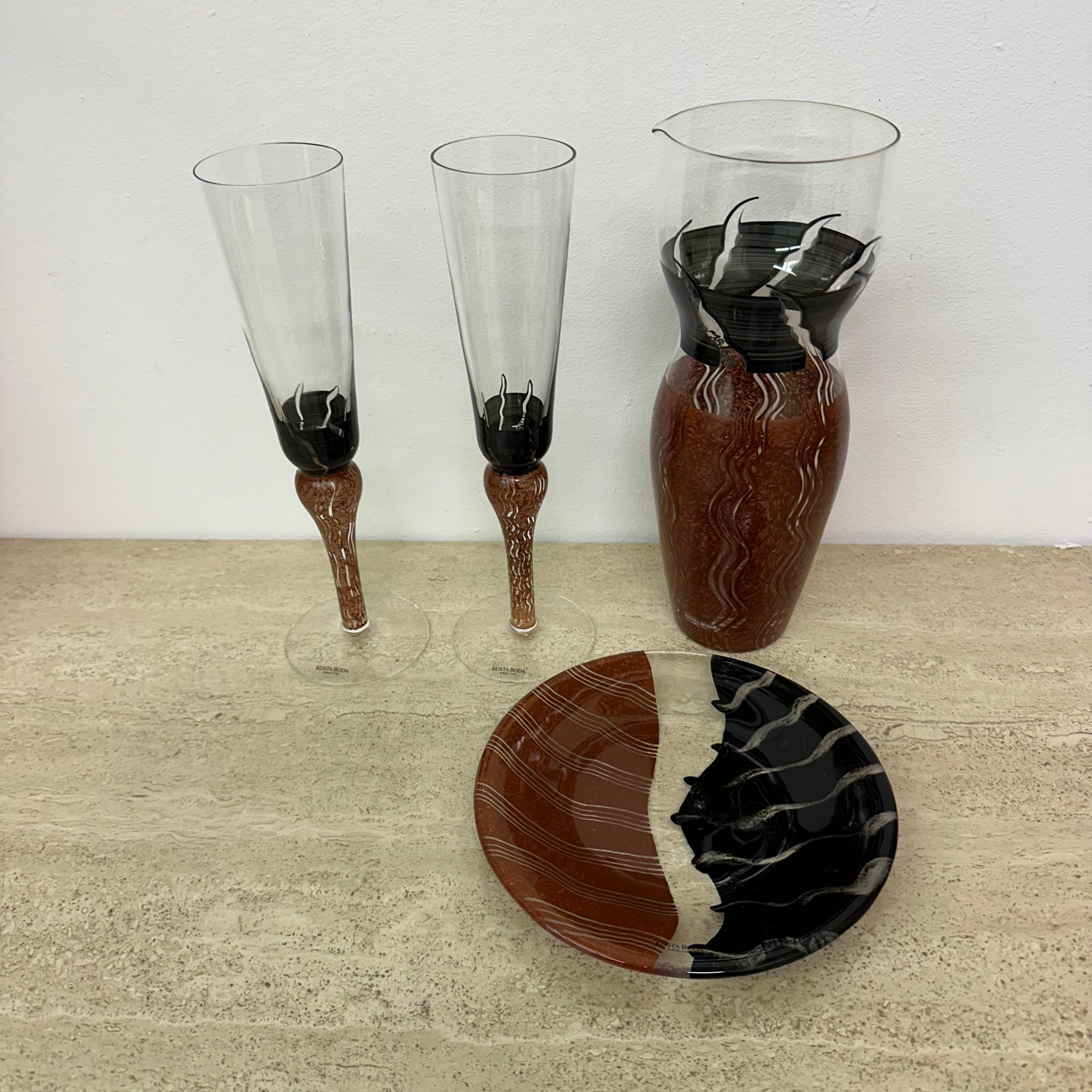 Monica Backström for Kosta Boda Tonga Glass pitcher vase glasses and plate In Good Condition In Delft, NL