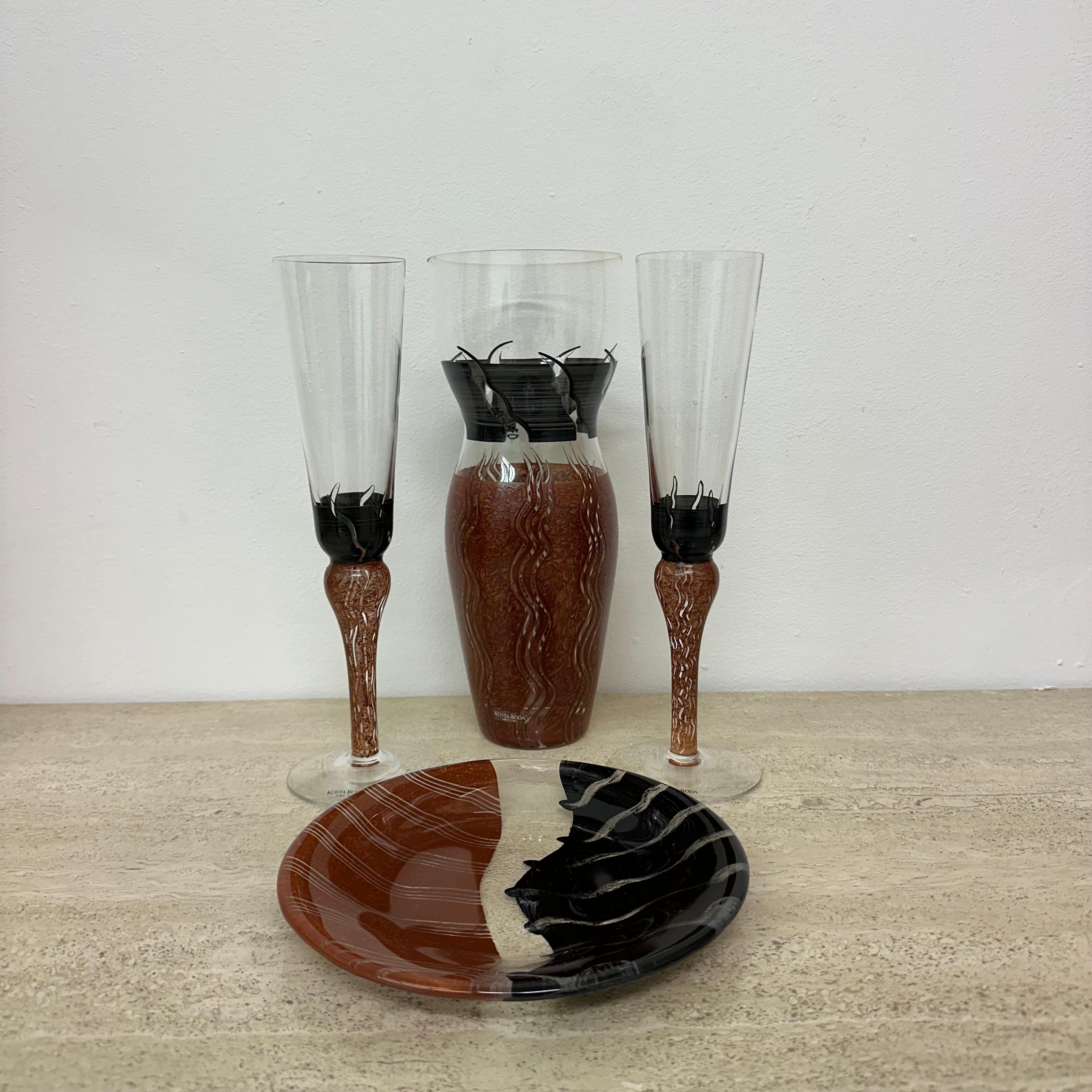 Late 20th Century Monica Backström for Kosta Boda Tonga Glass pitcher vase glasses and plate