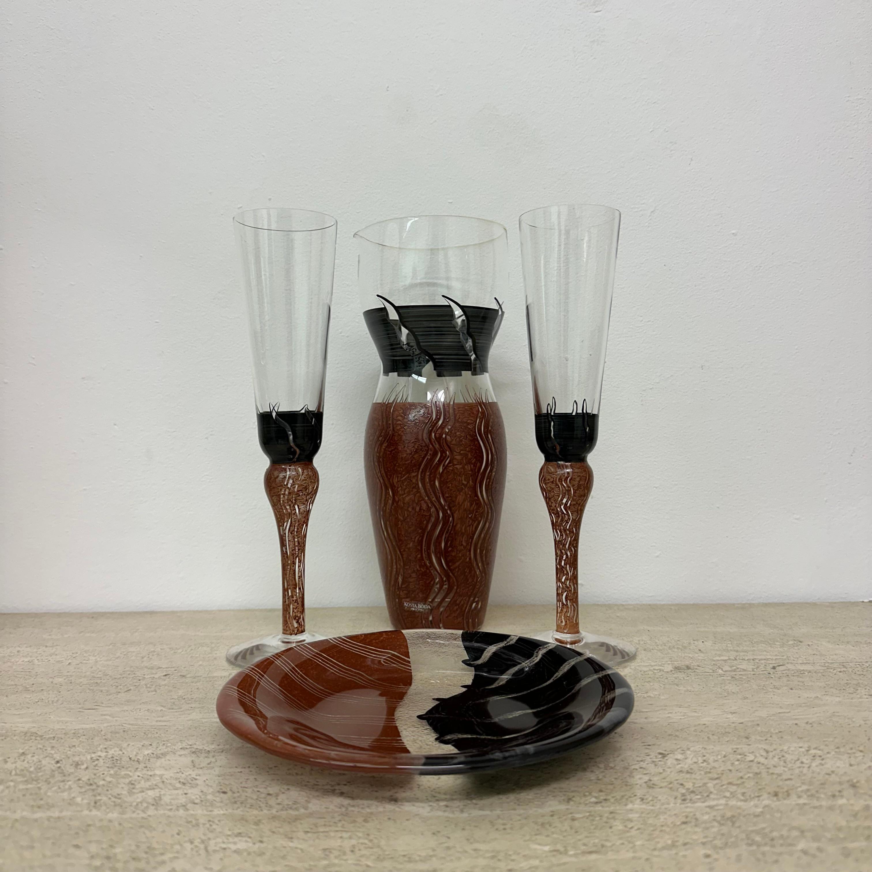 Art Glass Monica Backström for Kosta Boda Tonga Glass pitcher vase glasses and plate