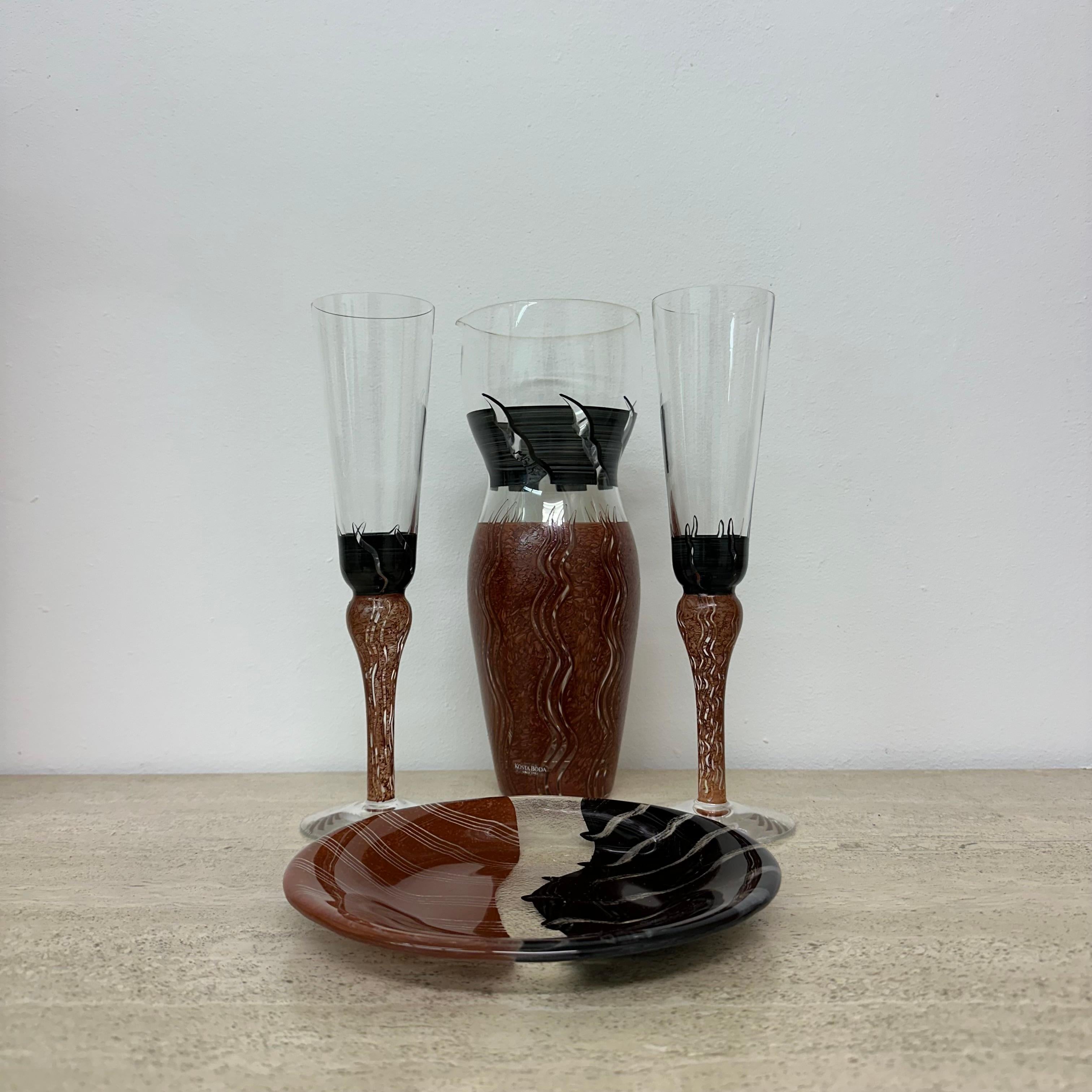 Monica Backström for Kosta Boda Tonga Glass pitcher vase glasses and plate 2