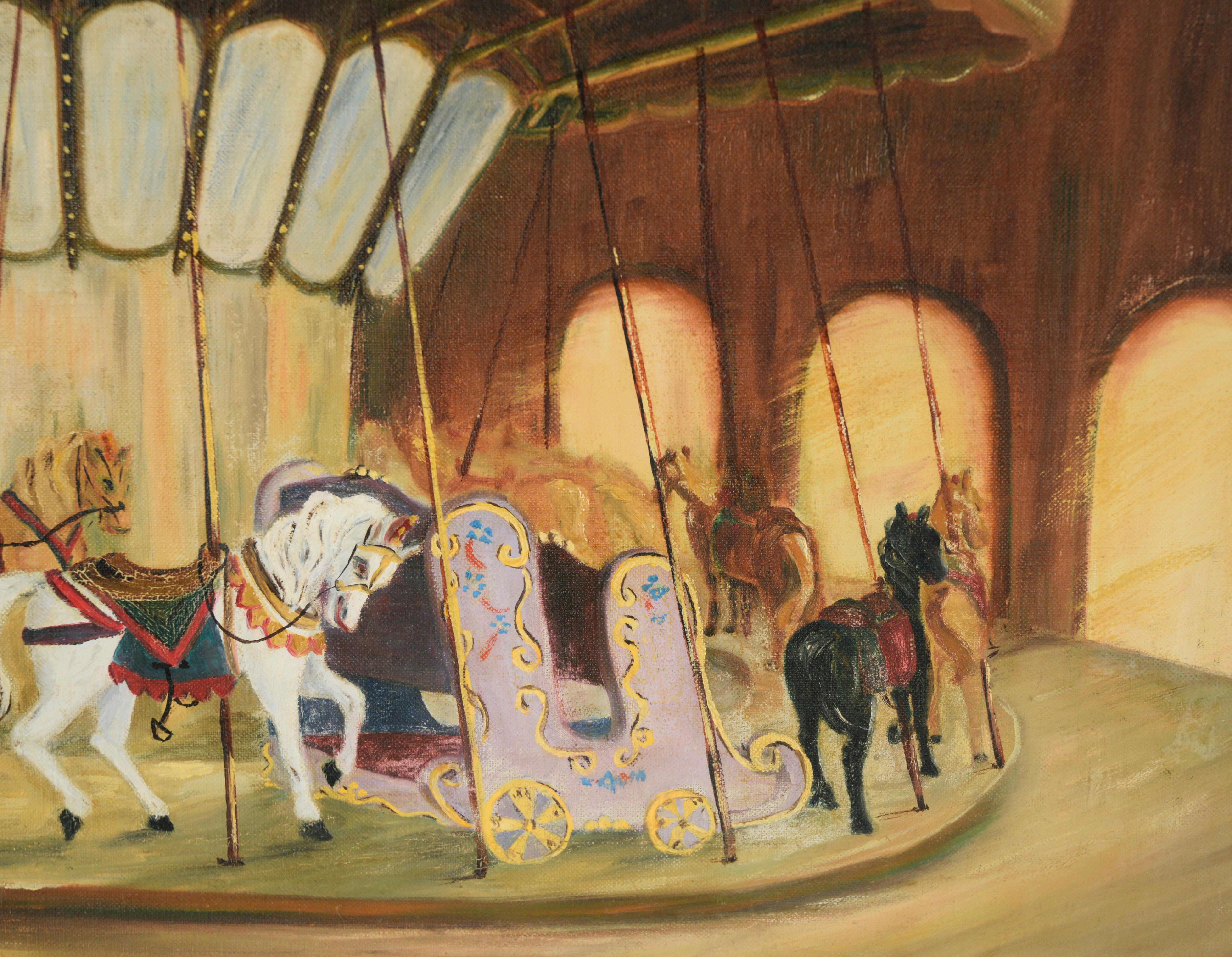 White Horse Carousel, 1956 - Oil On Canvas

Oil painting of an empty carousel ride, a single white horse gleams in the center. Three doorways are seen to the right, with sunlight emanating through. 

Signed 