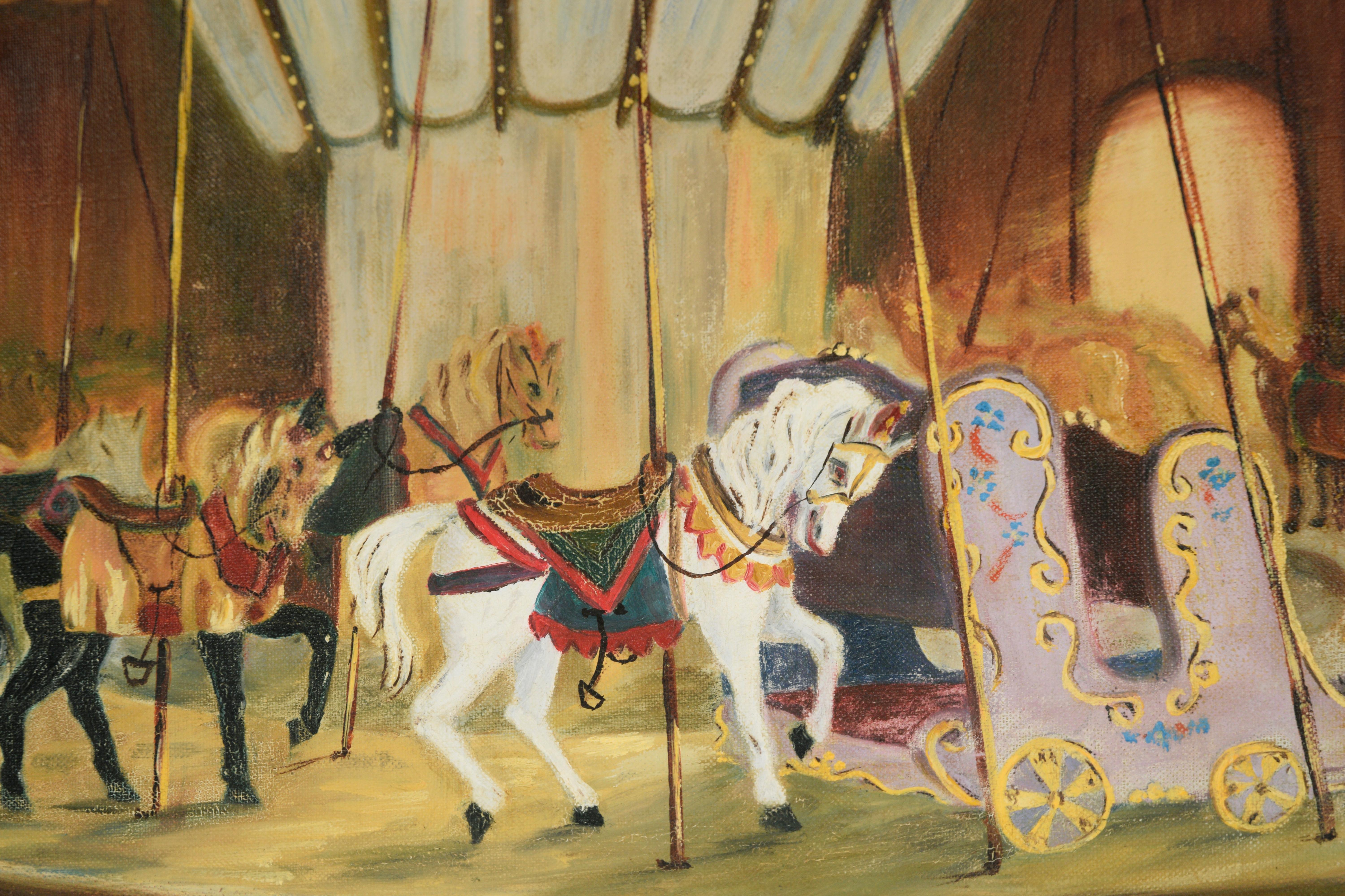 White Horse Carousel, 1956 - Oil On Canvas

Oil painting of an empty carousel ride, a single white horse gleams in the center. Three doorways are seen to the right, with sunlight emanating through. 

Signed 