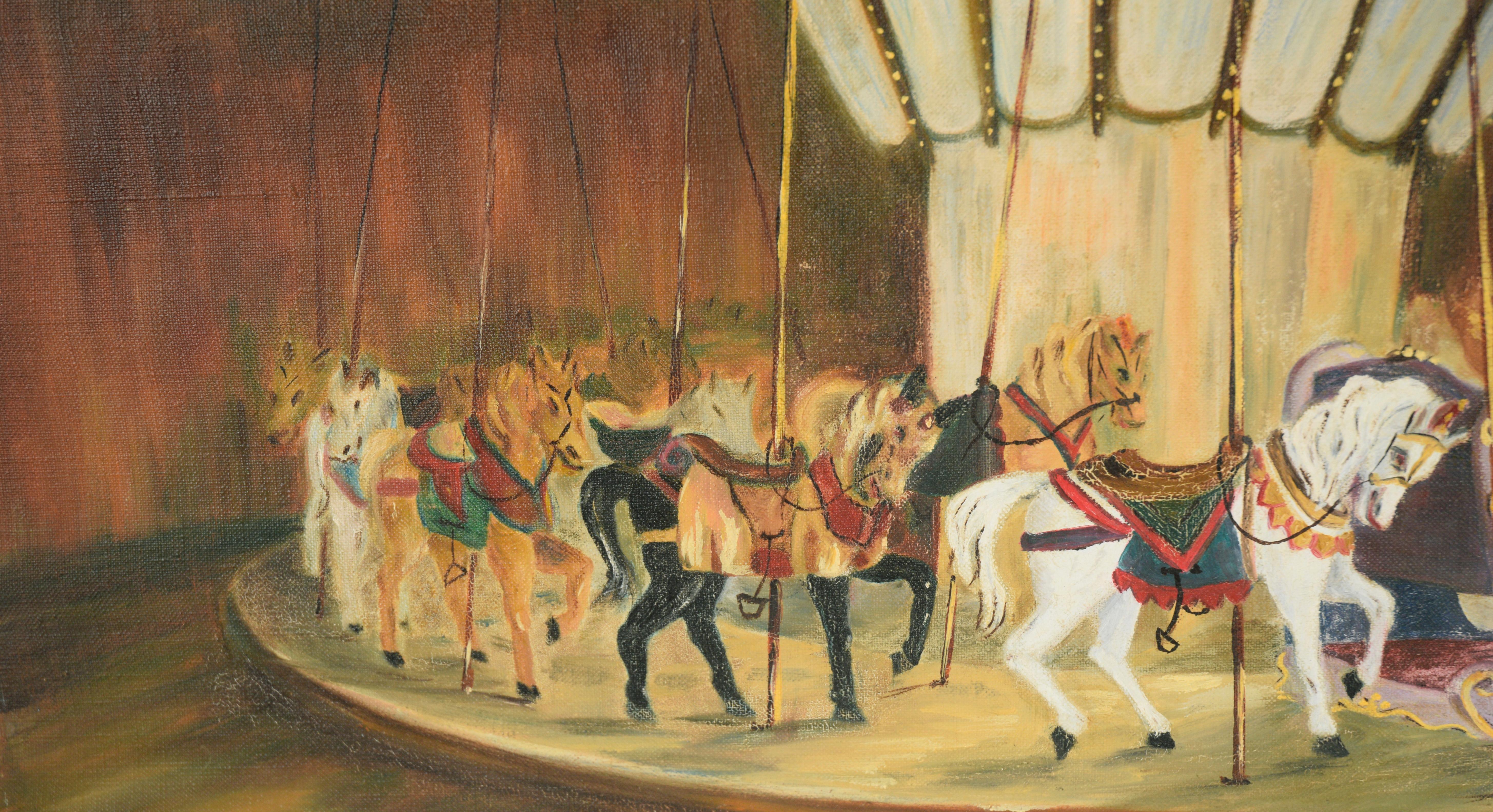 Carrousel du cheval blanc, 1956 - Huile sur toile

Peinture à l'huile d'un manège vide, un seul cheval blanc brille au centre. Trois portes sont visibles sur la droite, traversées par la lumière du soleil. 

Signé 