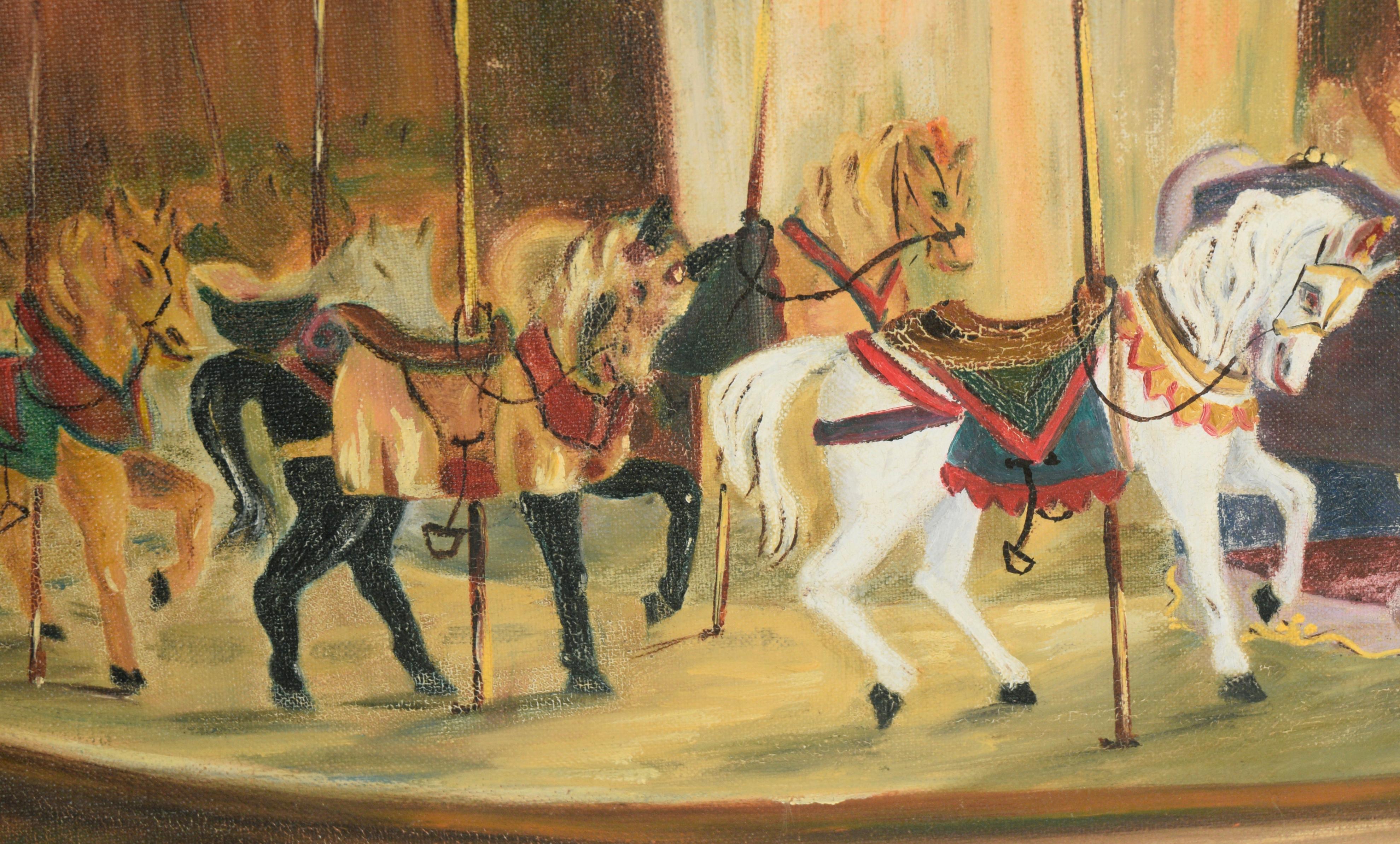 Carousel à cheval blanc, 1956 - Peinture à l'huile originale sur lin en vente 1