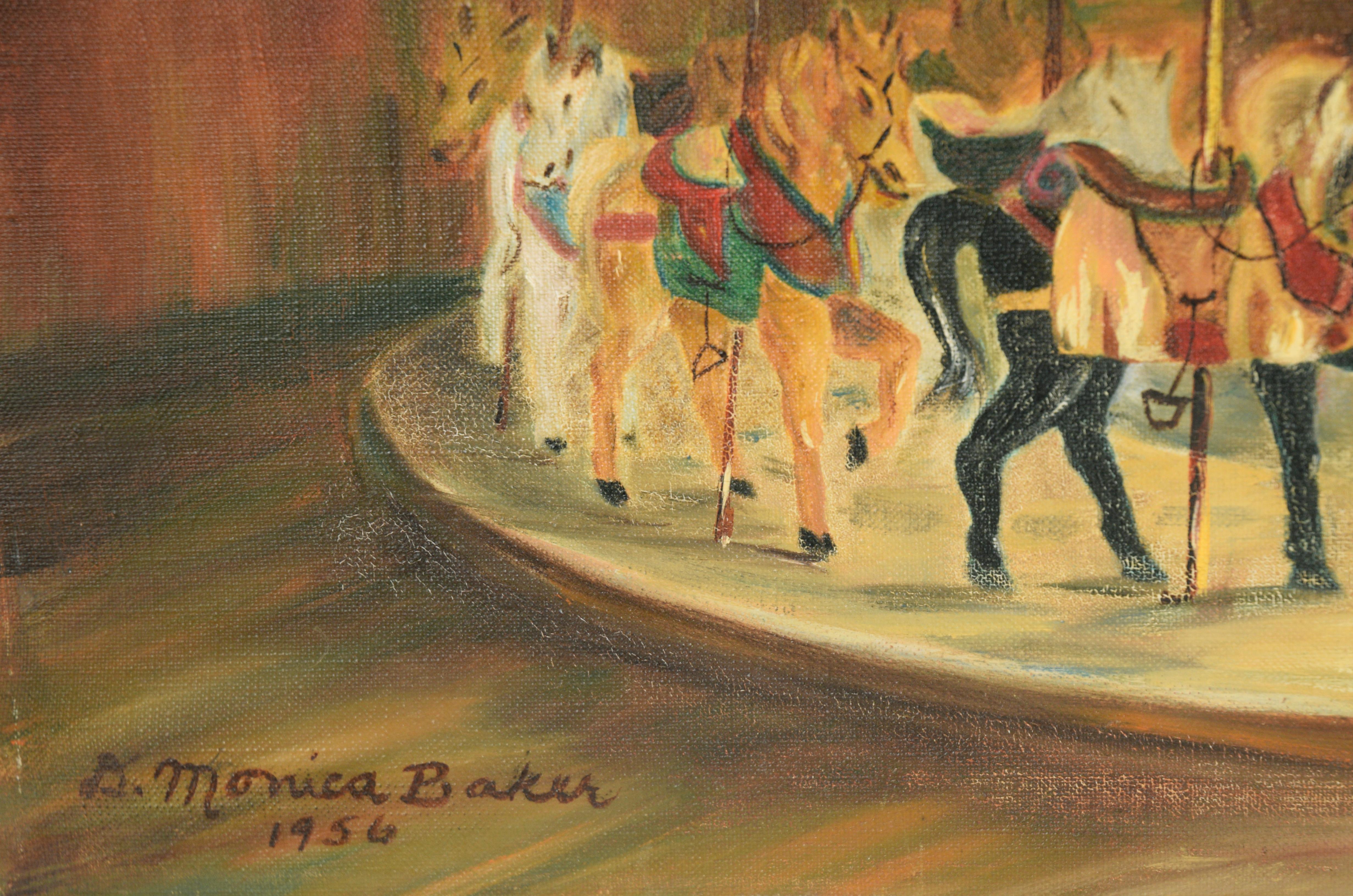 Carousel à cheval blanc, 1956 - Peinture à l'huile originale sur lin en vente 2