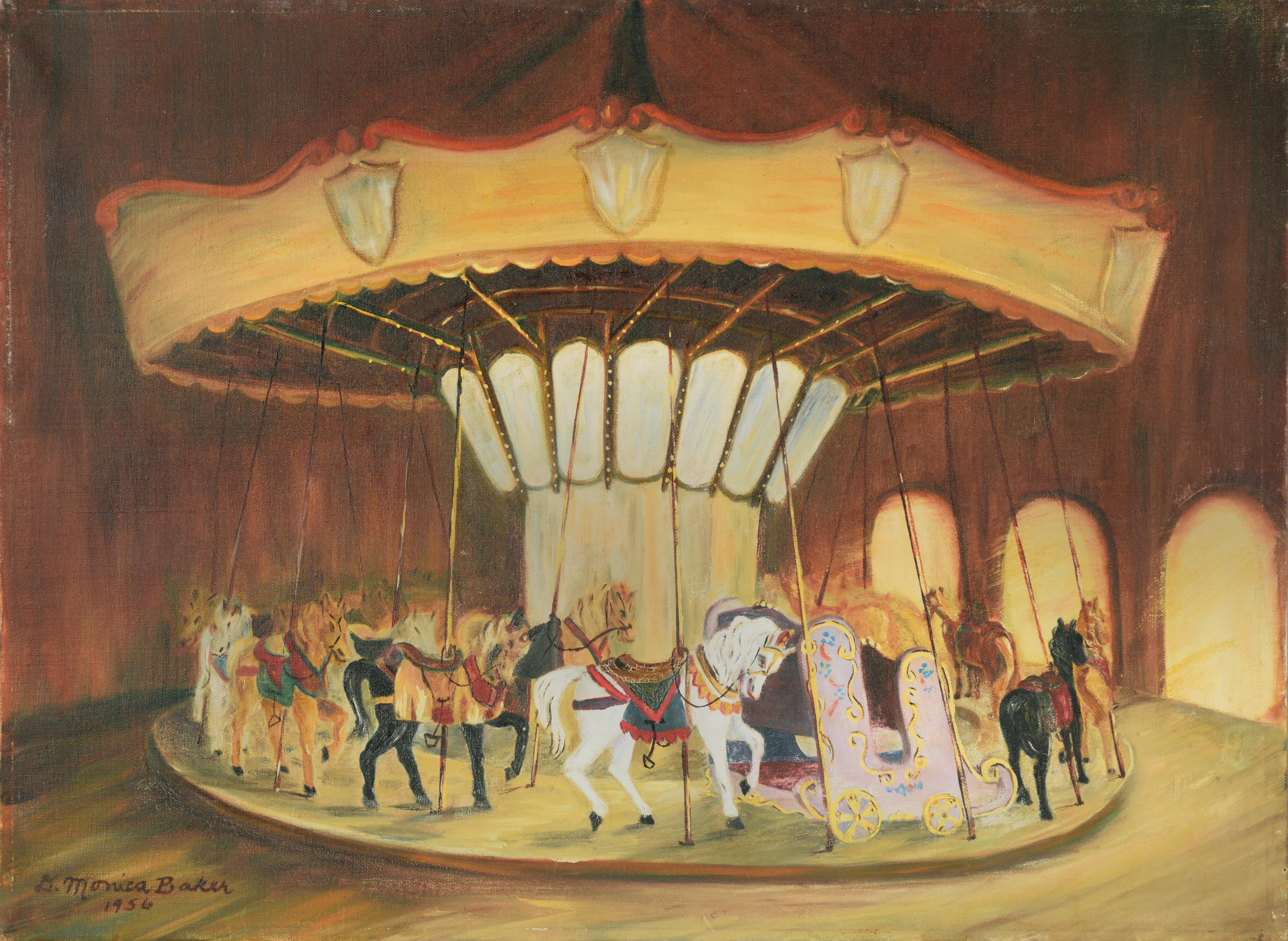 Monica Baker Figurative Painting - White Horse Carousel, 1956 - Original Oil Painting On Linen