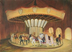 Vintage White Horse Carousel, 1956 - Original Oil Painting On Linen