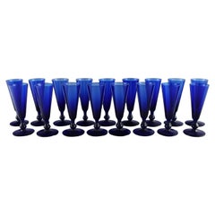 Monica Bratt for Reijmyre, 17 Small Cocktail Glasses in Blue Mouth Blown Glass