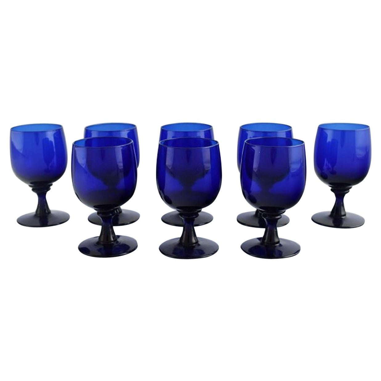 Monica Bratt for Reijmyre, Eight Sherry Glasses in Blue Mouth Blown Art Glass For Sale