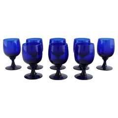 Monica Bratt for Reijmyre, Eight Sherry Glasses in Blue Mouth Blown Art Glass