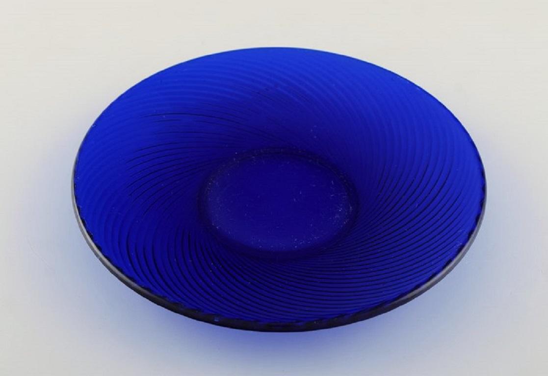 Scandinavian Modern Monica Bratt for Reijmyre, Four Plates in Blue Mouth-Blown Art Glass For Sale
