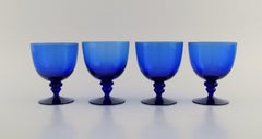 Monica Bratt for Reijmyre, Four Wine Glasses in Blue Mouth Blown Art Glass