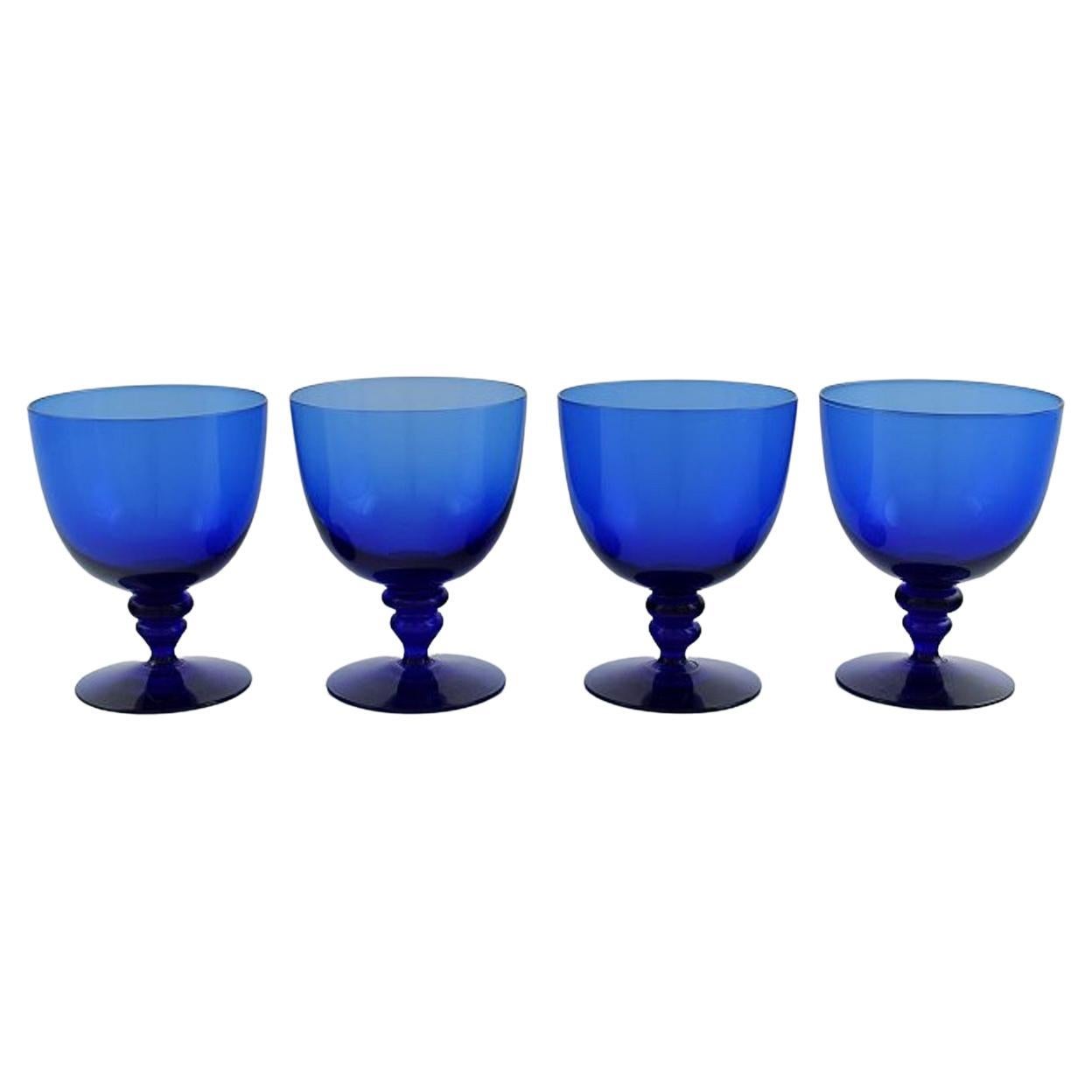 Monica Bratt for Reijmyre, Four Wine Glasses in Blue Mouth Blown Art Glass