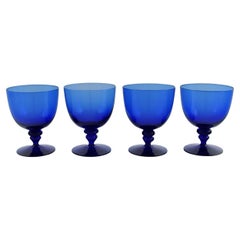 Monica Bratt for Reijmyre, Four Wine Glasses in Blue Mouth Blown Art Glass