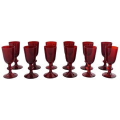 Vintage Monica Bratt for Reijmyre, Twelve Liqueur Glasses in Red Mouth Blown Art Glass