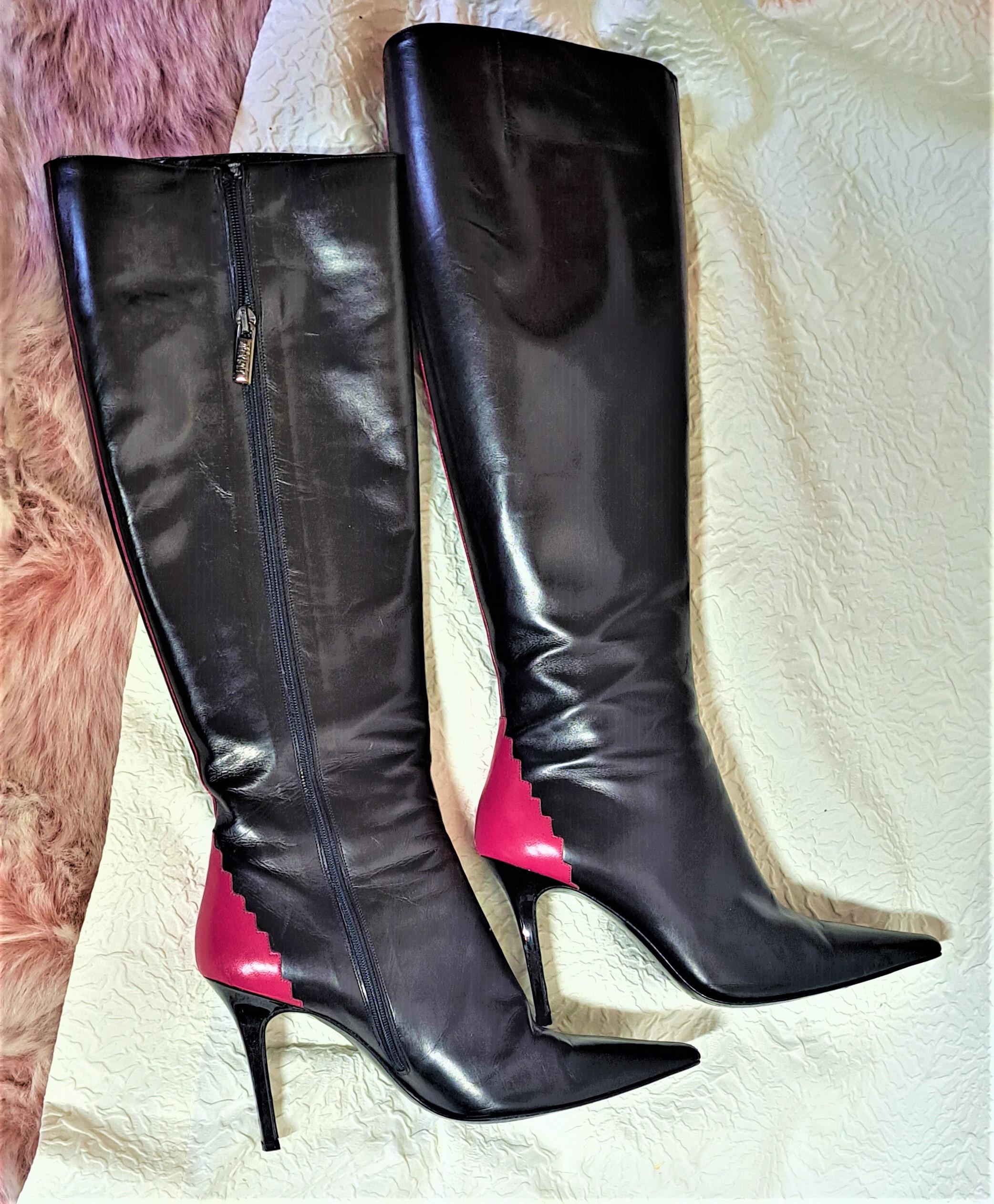 Women's or Men's Monica by Bruno Magli High Heels Black Leather Boots with Fuchsia For Sale
