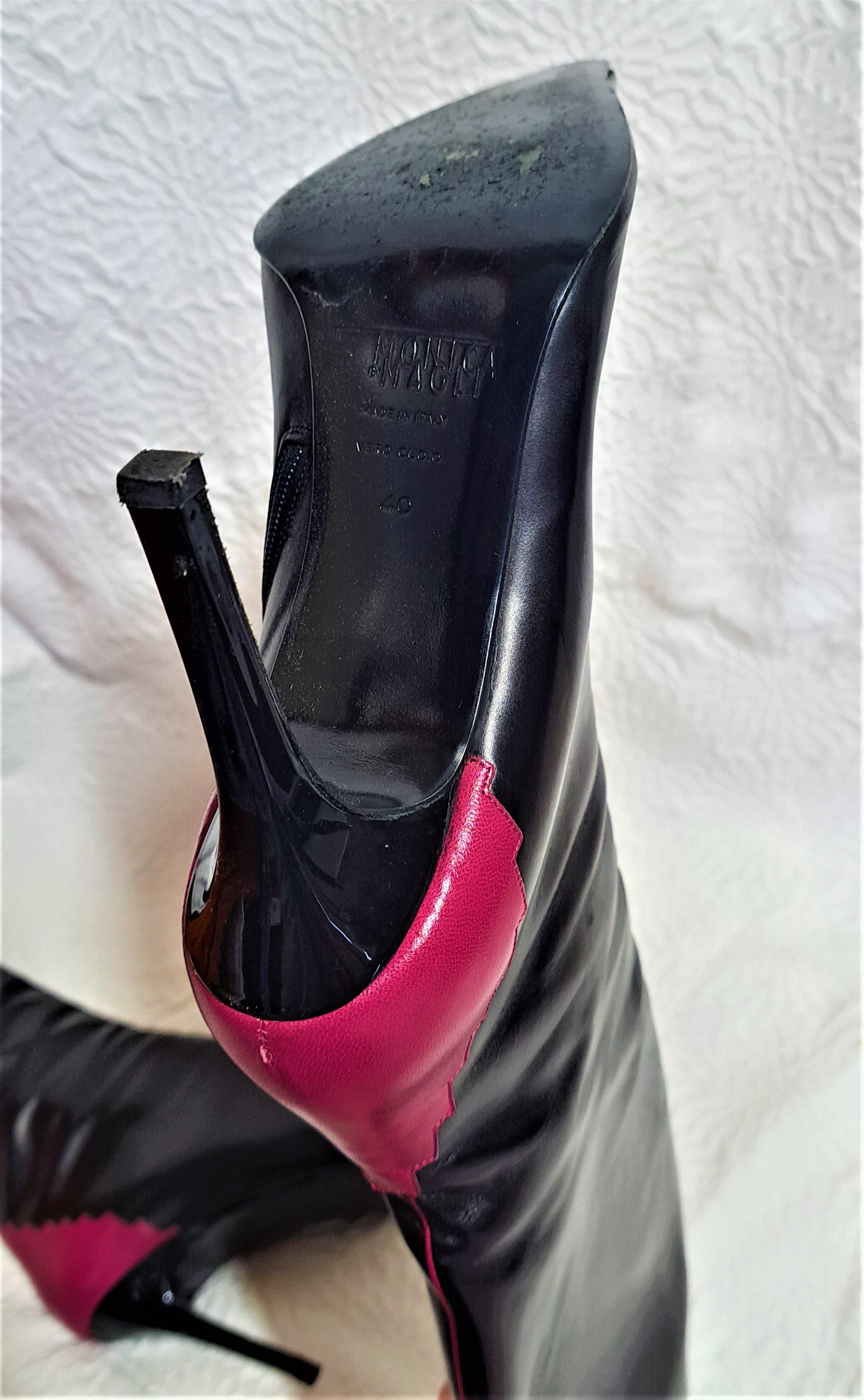 Monica by Bruno Magli High Heels Black Leather Boots with Fuchsia For Sale 2