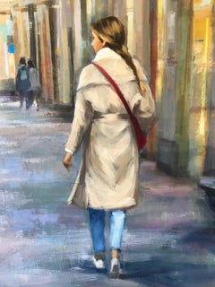 ''After the Rain'' Contemporary Oil Painting of Girl Wandering through Barcelona